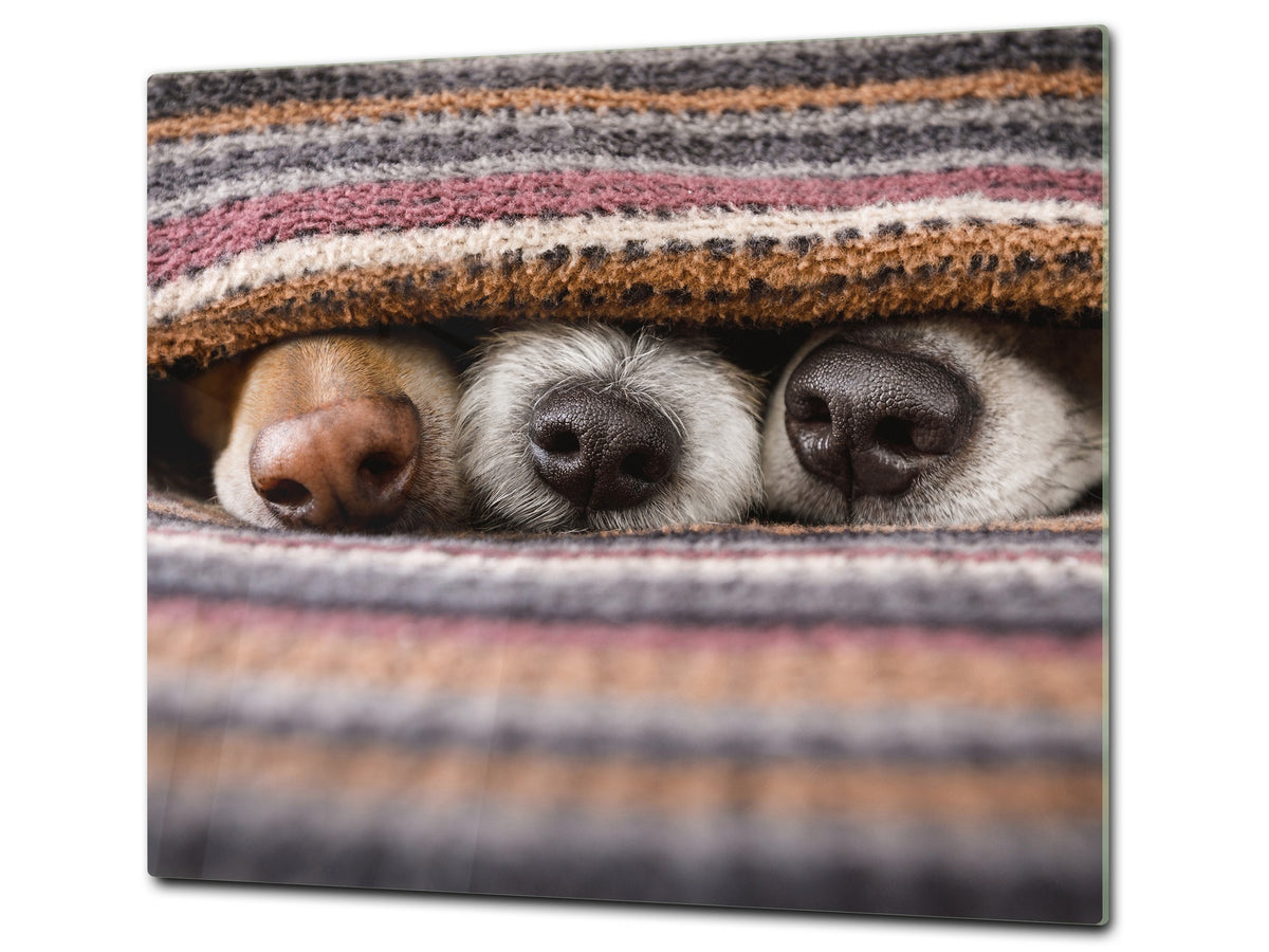 Induction Cooktop Cover Kitchen Board – Impact Resistant Glass Pastry Board; MEASURES: SINGLE: 60 x 52 cm (23,62” x 20,47”); DOUBLE: 30 x 52 cm (11,81” x 20,47”); D37 Animals Series : Sleeping dogs