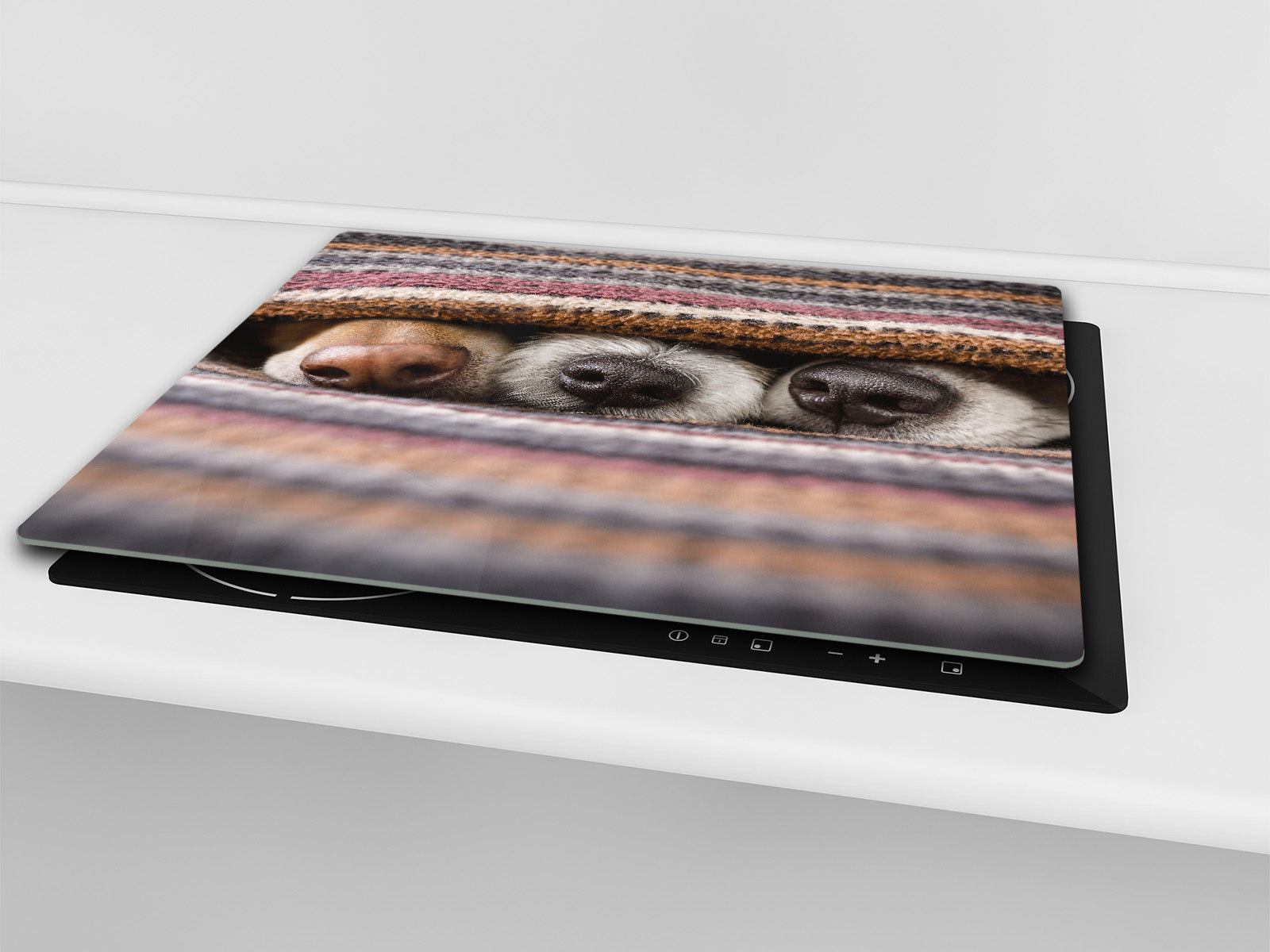 Induction Cooktop Cover Kitchen Board – Impact Resistant Glass Pastry Board; MEASURES: SINGLE: 60 x 52 cm (23,62” x 20,47”); DOUBLE: 30 x 52 cm (11,81” x 20,47”); D37 Animals Series : Sleeping dogs