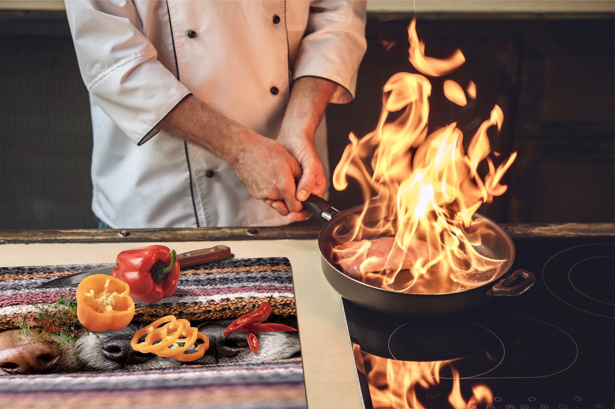 Induction Cooktop Cover Kitchen Board – Impact Resistant Glass Pastry Board; MEASURES: SINGLE: 60 x 52 cm (23,62” x 20,47”); DOUBLE: 30 x 52 cm (11,81” x 20,47”); D37 Animals Series : Sleeping dogs