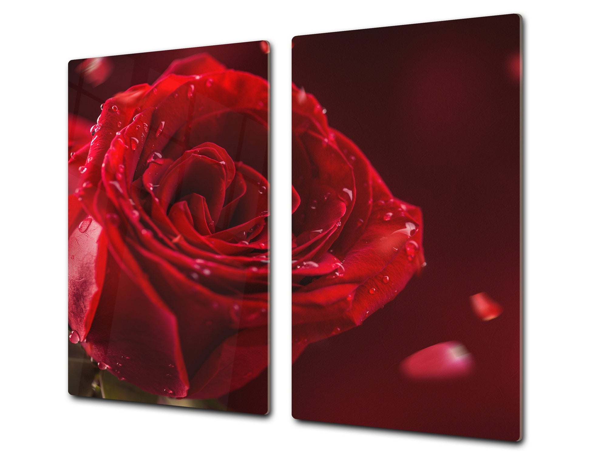 Tempered GLASS Cutting Board – Worktop saver and Pastry Board –- Glass Kitchen Board; MEASURES: SINGLE: 60 x 52 cm (23,62” x 20,47”); DOUBLE: 30 x 52 cm (11,81” x 20,47”); D34 Nature Series: Romantic red rose