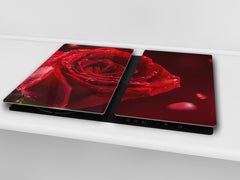 Tempered GLASS Cutting Board – Worktop saver and Pastry Board –- Glass Kitchen Board; MEASURES: SINGLE: 60 x 52 cm (23,62” x 20,47”); DOUBLE: 30 x 52 cm (11,81” x 20,47”); D34 Nature Series: Romantic red rose