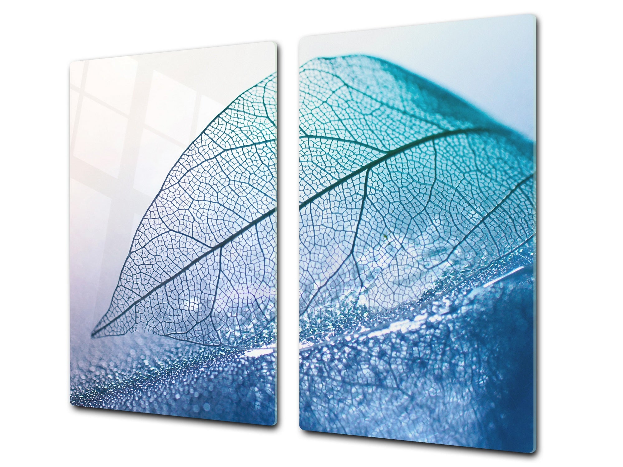 Tempered GLASS Cutting Board – Worktop saver and Pastry Board –- Glass Kitchen Board; MEASURES: SINGLE: 60 x 52 cm (23,62” x 20,47”); DOUBLE: 30 x 52 cm (11,81” x 20,47”); D34 Nature Series: Transparent blue leaf
