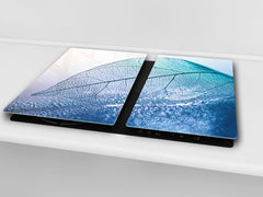 Tempered GLASS Cutting Board – Worktop saver and Pastry Board –- Glass Kitchen Board; MEASURES: SINGLE: 60 x 52 cm (23,62” x 20,47”); DOUBLE: 30 x 52 cm (11,81” x 20,47”); D34 Nature Series: Transparent blue leaf