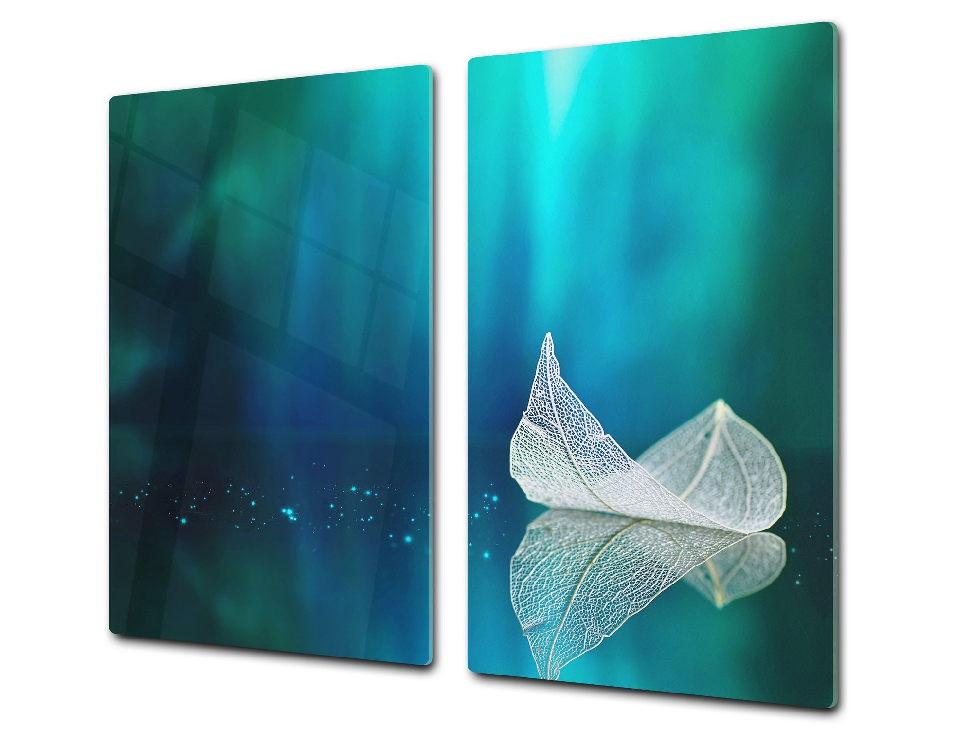 Tempered GLASS Cutting Board – Worktop saver and Pastry Board –- Glass Kitchen Board; MEASURES: SINGLE: 60 x 52 cm (23,62” x 20,47”); DOUBLE: 30 x 52 cm (11,81” x 20,47”); D34 Nature Series: Leaf on a mirror surface 2