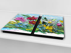 UNIQUE Tempered GLASS Kitchen Board –Scratch Resistant Glass Cutting Board – MEASURES: SINGLE: 60 x 52 cm (23,62” x 20,47”); DOUBLE: 30 x 52 cm (11,81” x 20,47”); D35 Art Series : Bouquet of flowers 2