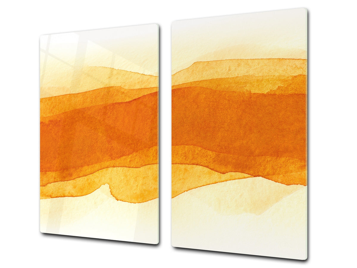 UNIQUE Tempered GLASS Kitchen Board –Scratch Resistant Glass Cutting Board – MEASURES: SINGLE: 60 x 52 cm (23,62” x 20,47”); DOUBLE: 30 x 52 cm (11,81” x 20,47”); D35 Art Series : Orange watercolour