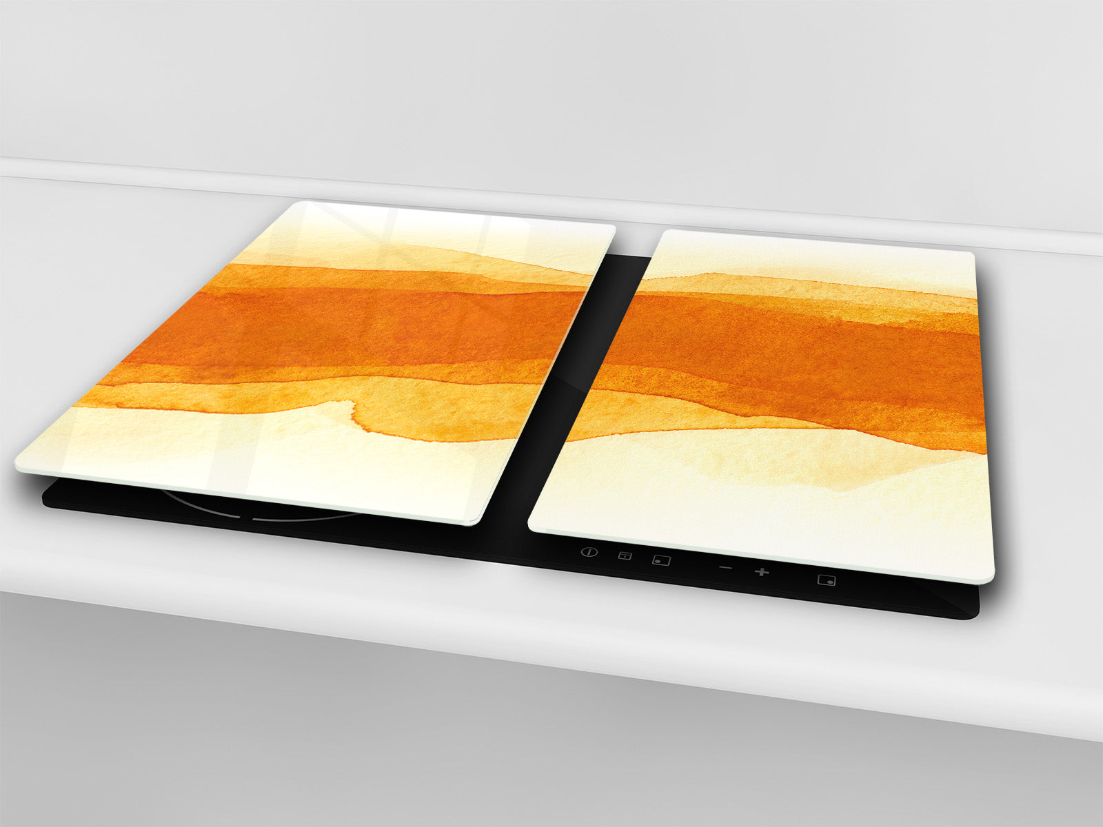 UNIQUE Tempered GLASS Kitchen Board –Scratch Resistant Glass Cutting Board – MEASURES: SINGLE: 60 x 52 cm (23,62” x 20,47”); DOUBLE: 30 x 52 cm (11,81” x 20,47”); D35 Art Series : Orange watercolour