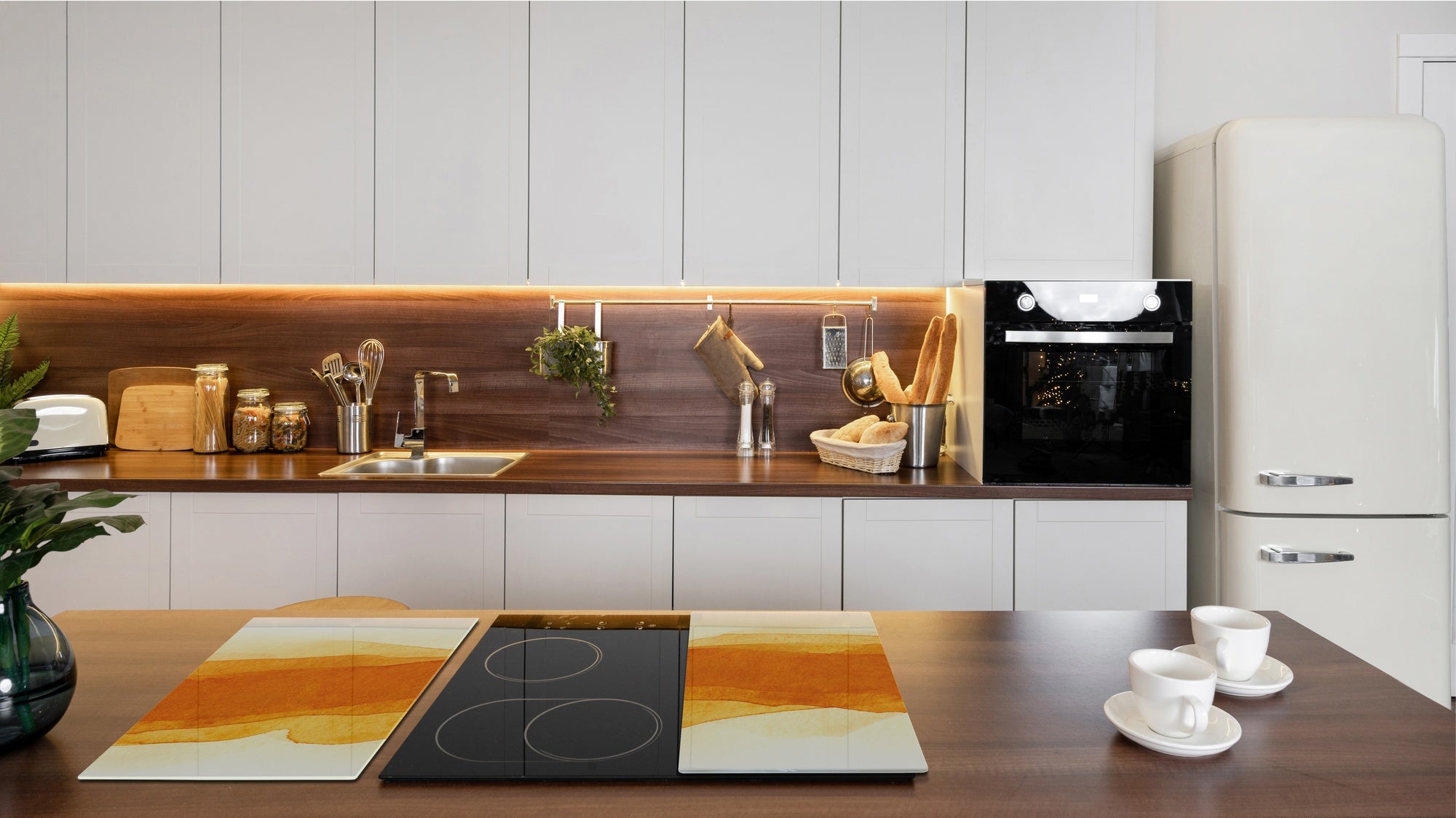 UNIQUE Tempered GLASS Kitchen Board –Scratch Resistant Glass Cutting Board – MEASURES: SINGLE: 60 x 52 cm (23,62” x 20,47”); DOUBLE: 30 x 52 cm (11,81” x 20,47”); D35 Art Series : Orange watercolour