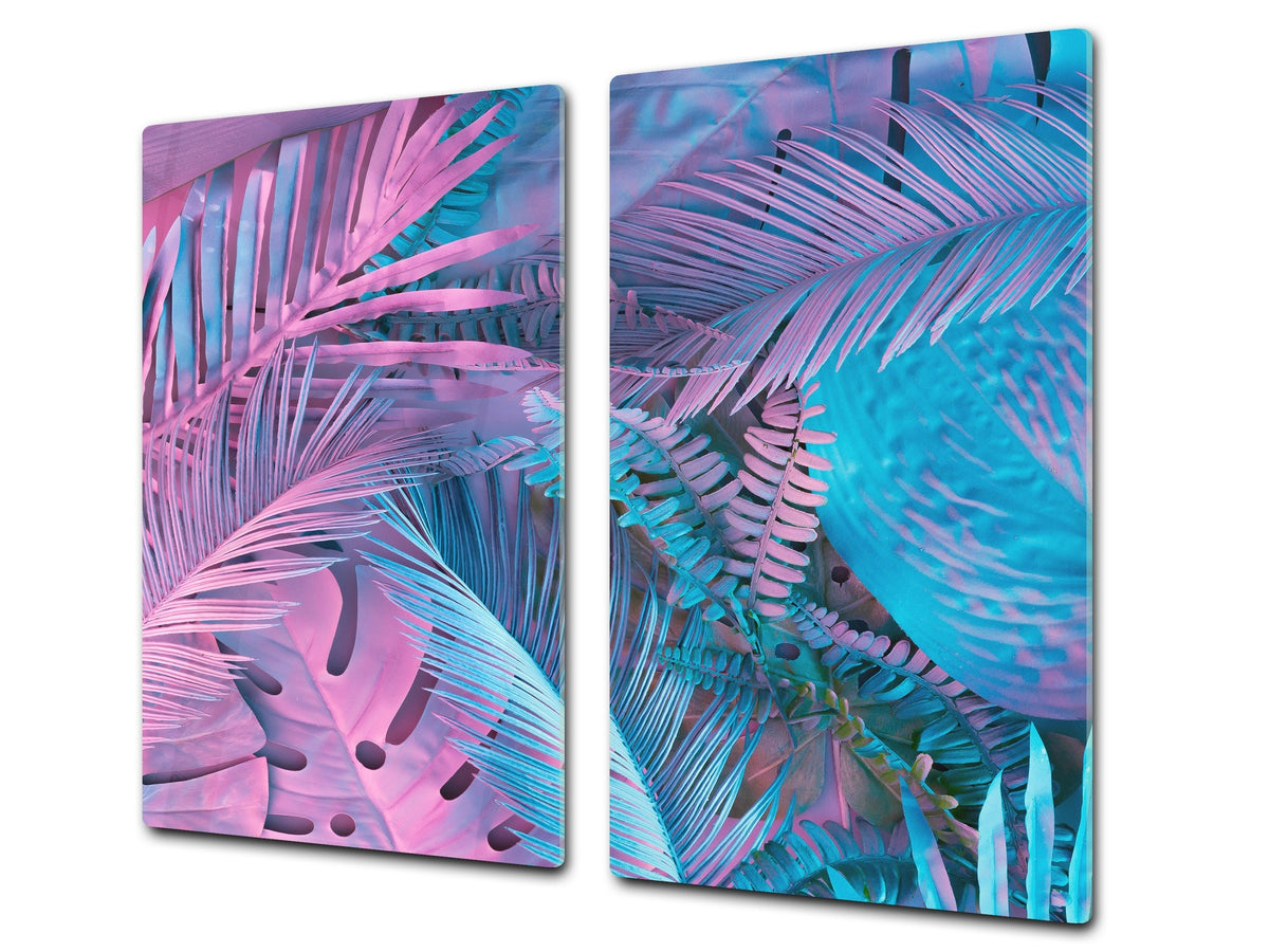 Tempered GLASS Cutting Board – Worktop saver and Pastry Board –- Glass Kitchen Board; MEASURES: SINGLE: 60 x 52 cm (23,62” x 20,47”); DOUBLE: 30 x 52 cm (11,81” x 20,47”); D34 Nature Series: Neon tropical leaves