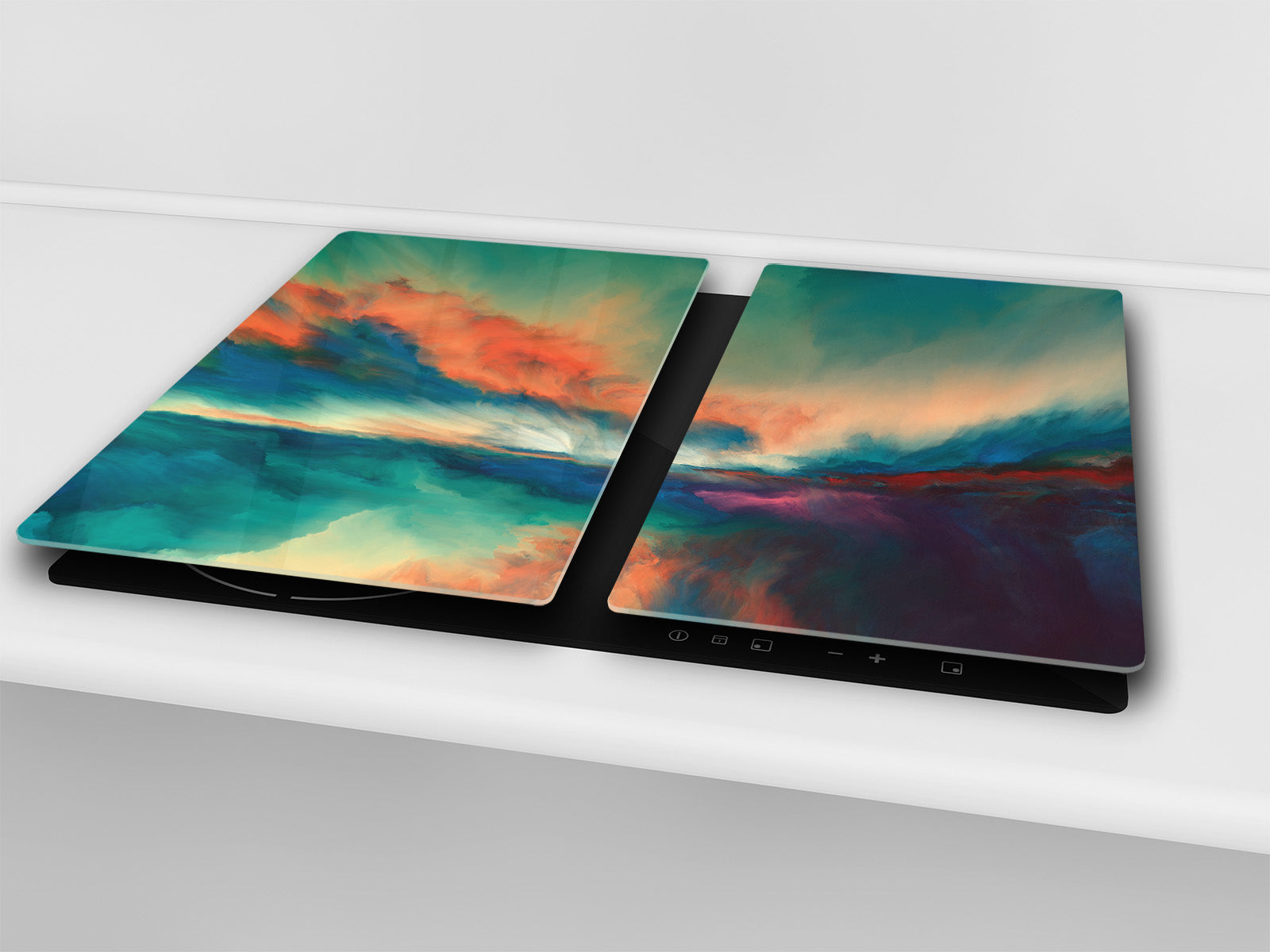 UNIQUE Tempered GLASS Kitchen Board –Scratch Resistant Glass Cutting Board – MEASURES: SINGLE: 60 x 52 cm (23,62” x 20,47”); DOUBLE: 30 x 52 cm (11,81” x 20,47”); D35 Art Series : Colourful sunset