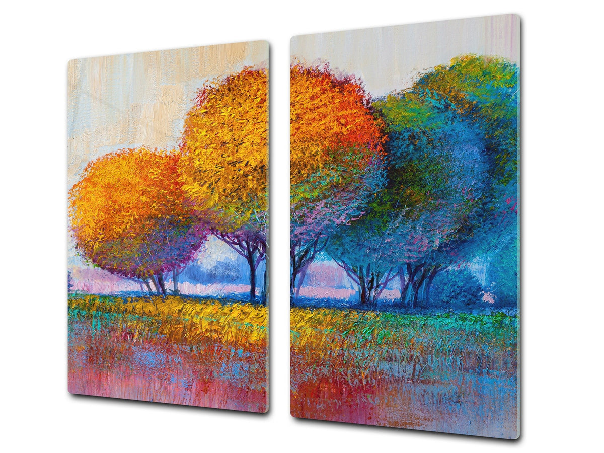 UNIQUE Tempered GLASS Kitchen Board –Scratch Resistant Glass Cutting Board – MEASURES: SINGLE: 60 x 52 cm (23,62” x 20,47”); DOUBLE: 30 x 52 cm (11,81” x 20,47”); D35 Art Series : Colourful trees 1