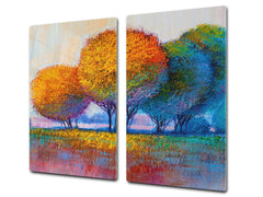 UNIQUE Tempered GLASS Kitchen Board –Scratch Resistant Glass Cutting Board – MEASURES: SINGLE: 60 x 52 cm (23,62” x 20,47”); DOUBLE: 30 x 52 cm (11,81” x 20,47”); D35 Art Series : Colourful trees 1