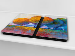 UNIQUE Tempered GLASS Kitchen Board –Scratch Resistant Glass Cutting Board – MEASURES: SINGLE: 60 x 52 cm (23,62” x 20,47”); DOUBLE: 30 x 52 cm (11,81” x 20,47”); D35 Art Series : Colourful trees 1