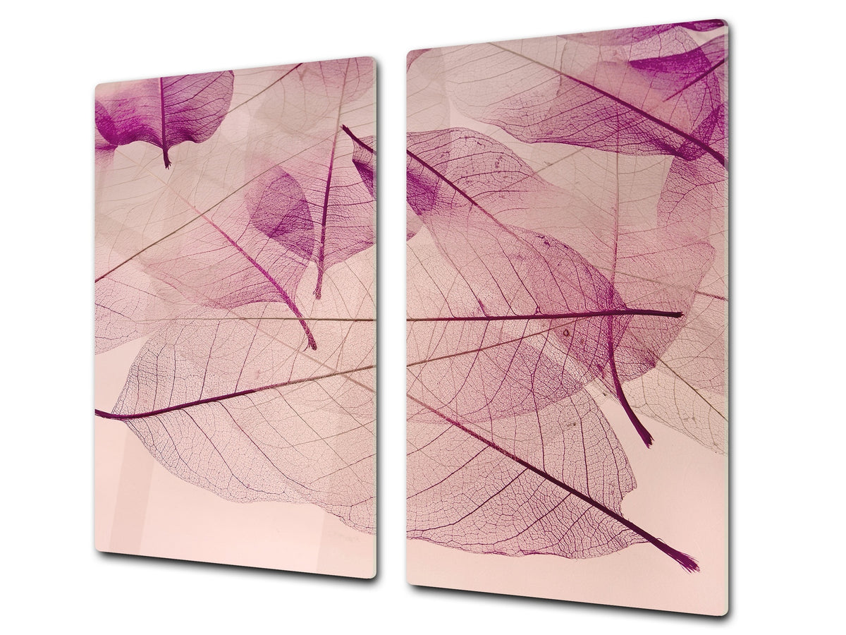 Tempered GLASS Cutting Board – Worktop saver and Pastry Board –- Glass Kitchen Board; MEASURES: SINGLE: 60 x 52 cm (23,62” x 20,47”); DOUBLE: 30 x 52 cm (11,81” x 20,47”); D34 Nature Series: Transparent purple leaves