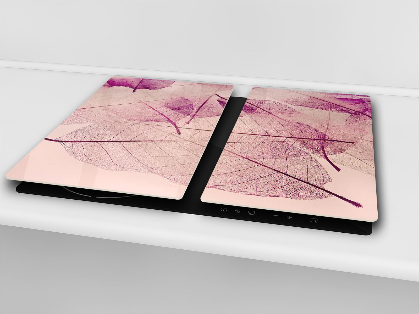 Tempered GLASS Cutting Board – Worktop saver and Pastry Board –- Glass Kitchen Board; MEASURES: SINGLE: 60 x 52 cm (23,62” x 20,47”); DOUBLE: 30 x 52 cm (11,81” x 20,47”); D34 Nature Series: Transparent purple leaves