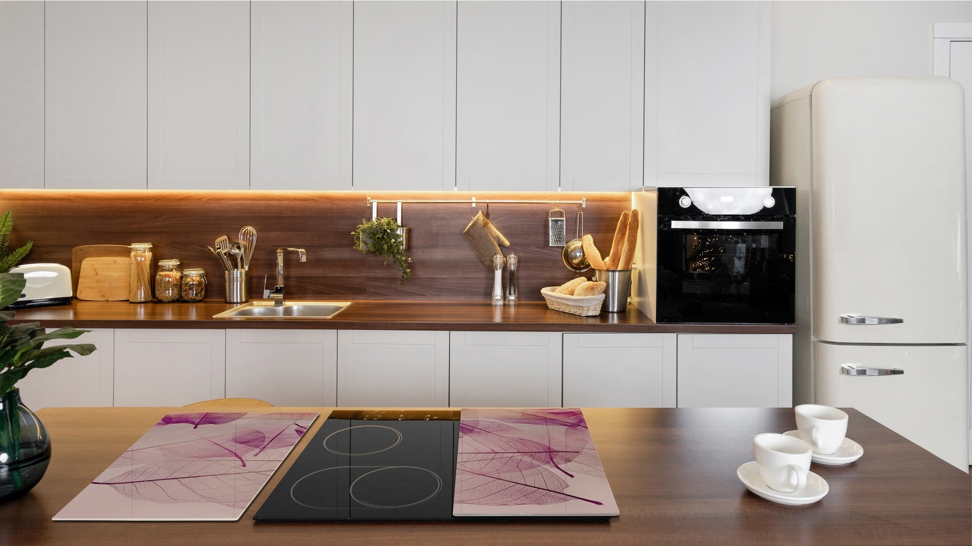 Tempered GLASS Cutting Board – Worktop saver and Pastry Board –- Glass Kitchen Board; MEASURES: SINGLE: 60 x 52 cm (23,62” x 20,47”); DOUBLE: 30 x 52 cm (11,81” x 20,47”); D34 Nature Series: Transparent purple leaves