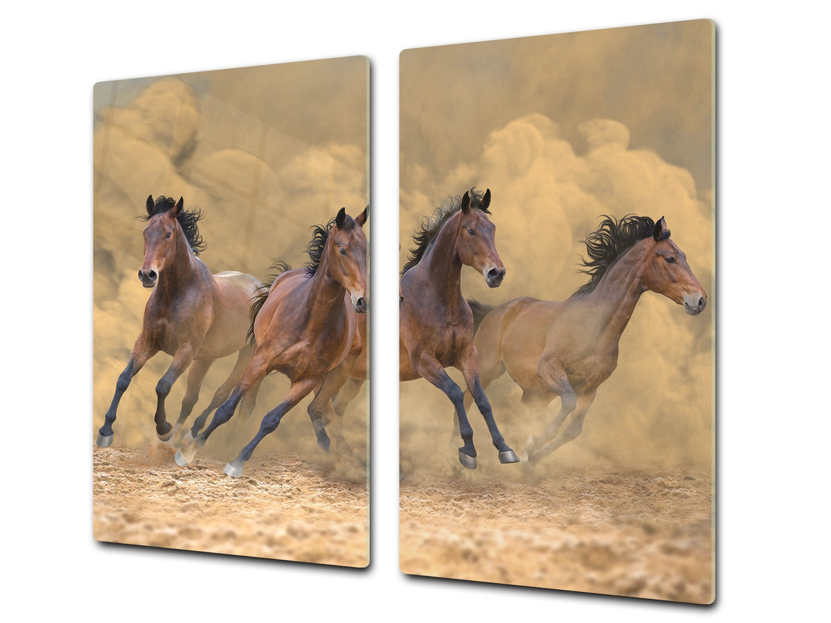 Induction Cooktop Cover Kitchen Board – Impact Resistant Glass Pastry Board; MEASURES: SINGLE: 60 x 52 cm (23,62” x 20,47”); DOUBLE: 30 x 52 cm (11,81” x 20,47”); D37 Animals Series : Galloping horses
