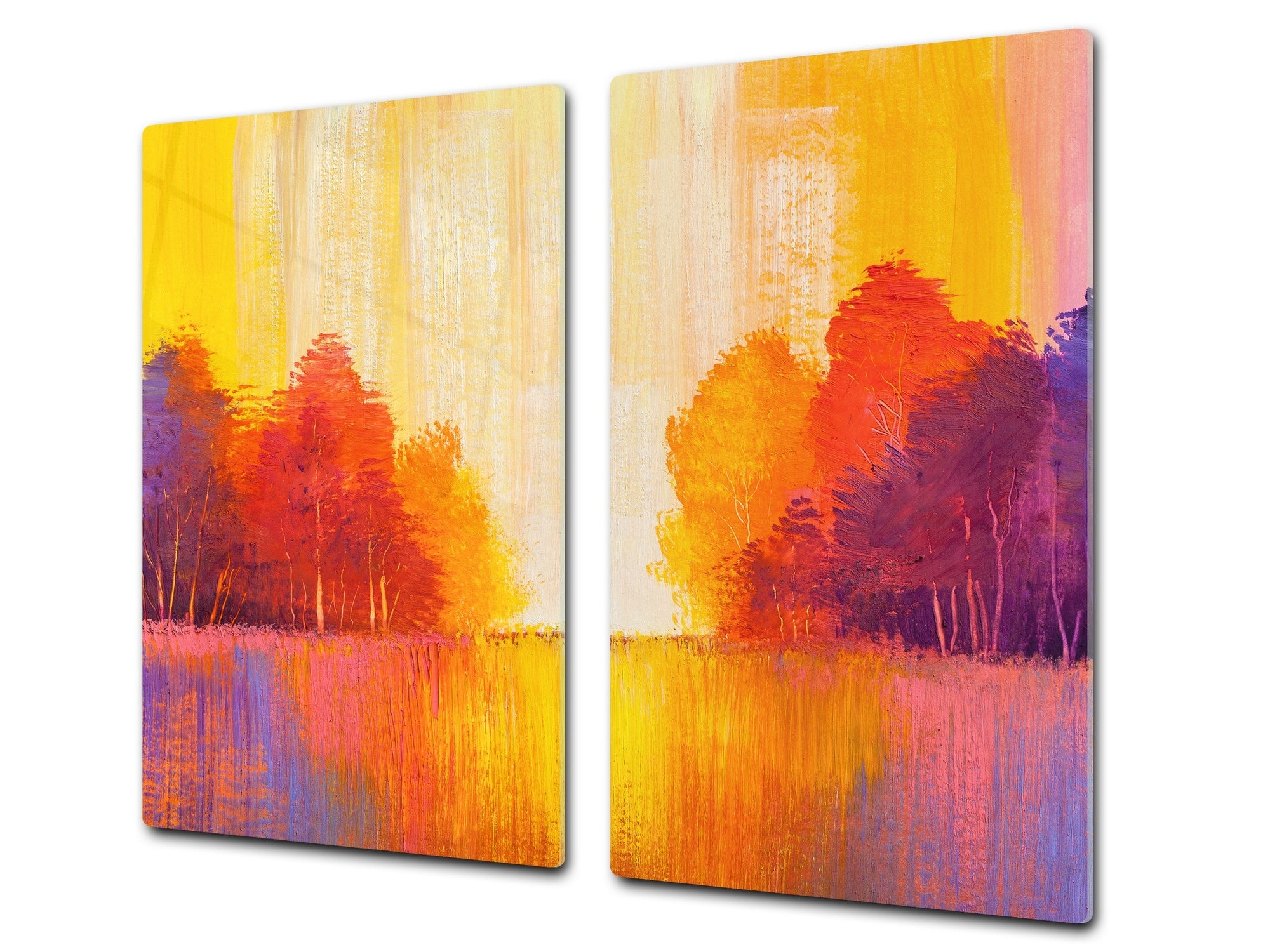 UNIQUE Tempered GLASS Kitchen Board –Scratch Resistant Glass Cutting Board – MEASURES: SINGLE: 60 x 52 cm (23,62” x 20,47”); DOUBLE: 30 x 52 cm (11,81” x 20,47”); D35 Art Series : Colourful trees 2