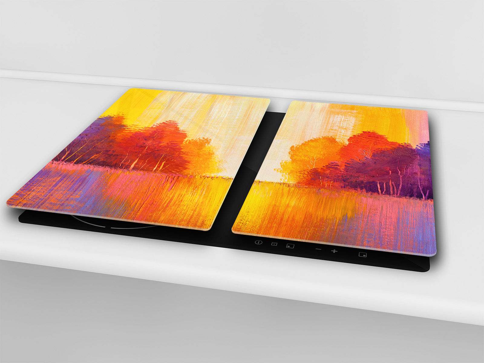 UNIQUE Tempered GLASS Kitchen Board –Scratch Resistant Glass Cutting Board – MEASURES: SINGLE: 60 x 52 cm (23,62” x 20,47”); DOUBLE: 30 x 52 cm (11,81” x 20,47”); D35 Art Series : Colourful trees 2