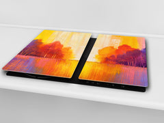 UNIQUE Tempered GLASS Kitchen Board –Scratch Resistant Glass Cutting Board – MEASURES: SINGLE: 60 x 52 cm (23,62” x 20,47”); DOUBLE: 30 x 52 cm (11,81” x 20,47”); D35 Art Series : Colourful trees 2