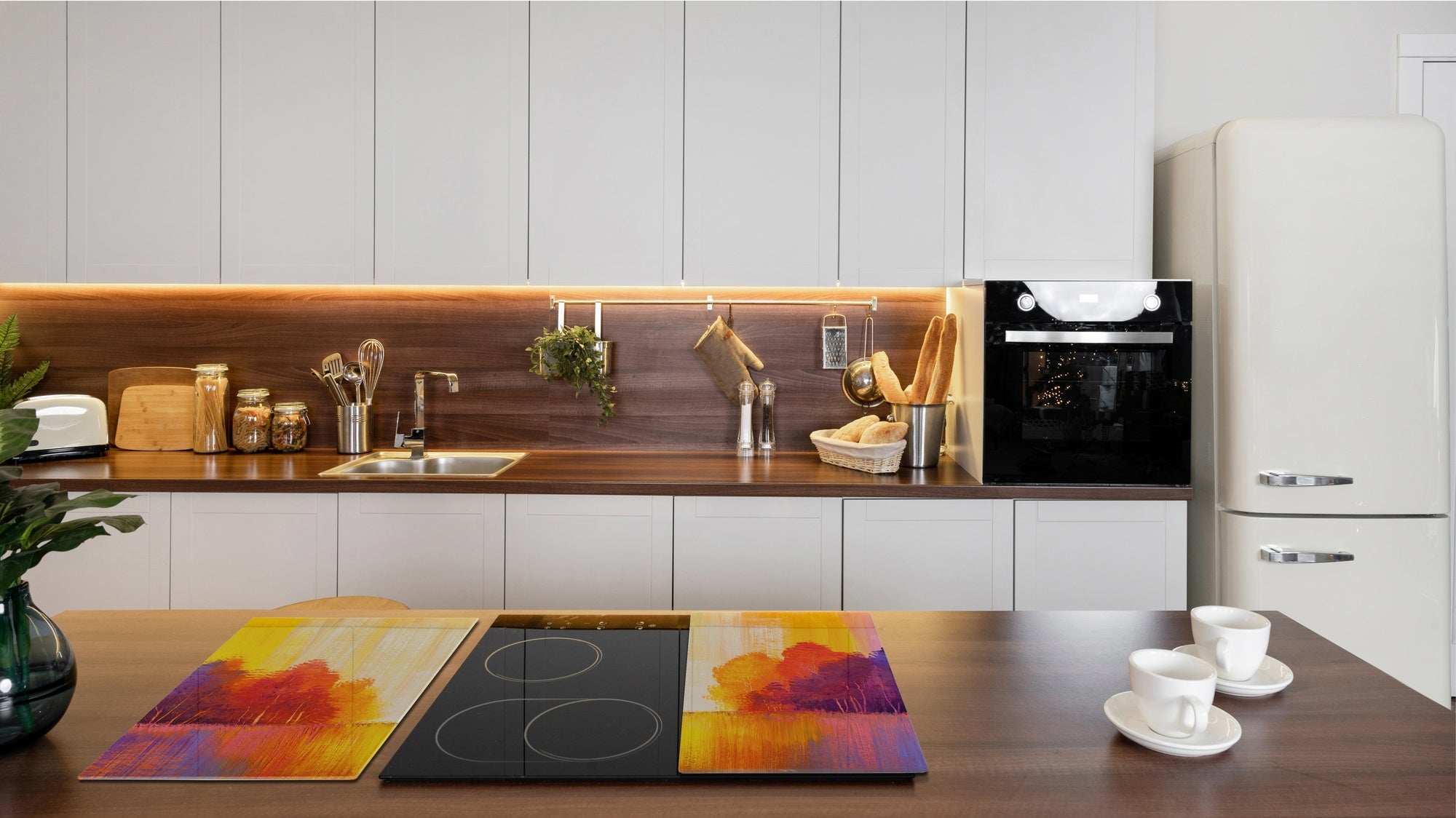 UNIQUE Tempered GLASS Kitchen Board –Scratch Resistant Glass Cutting Board – MEASURES: SINGLE: 60 x 52 cm (23,62” x 20,47”); DOUBLE: 30 x 52 cm (11,81” x 20,47”); D35 Art Series : Colourful trees 2