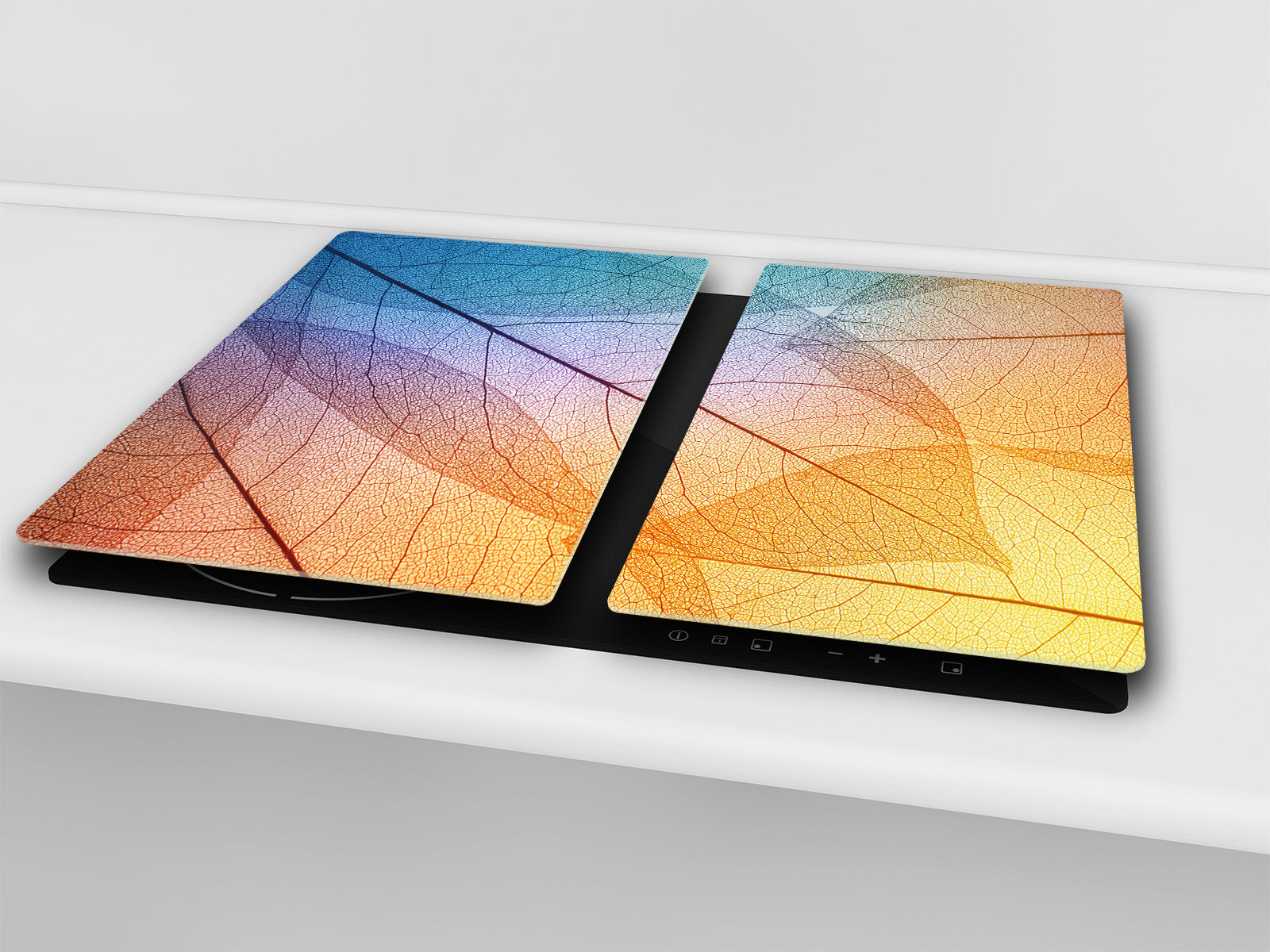 Tempered GLASS Cutting Board – Worktop saver and Pastry Board –- Glass Kitchen Board; MEASURES: SINGLE: 60 x 52 cm (23,62” x 20,47”); DOUBLE: 30 x 52 cm (11,81” x 20,47”); D34 Nature Series: Colourful transparent leaves