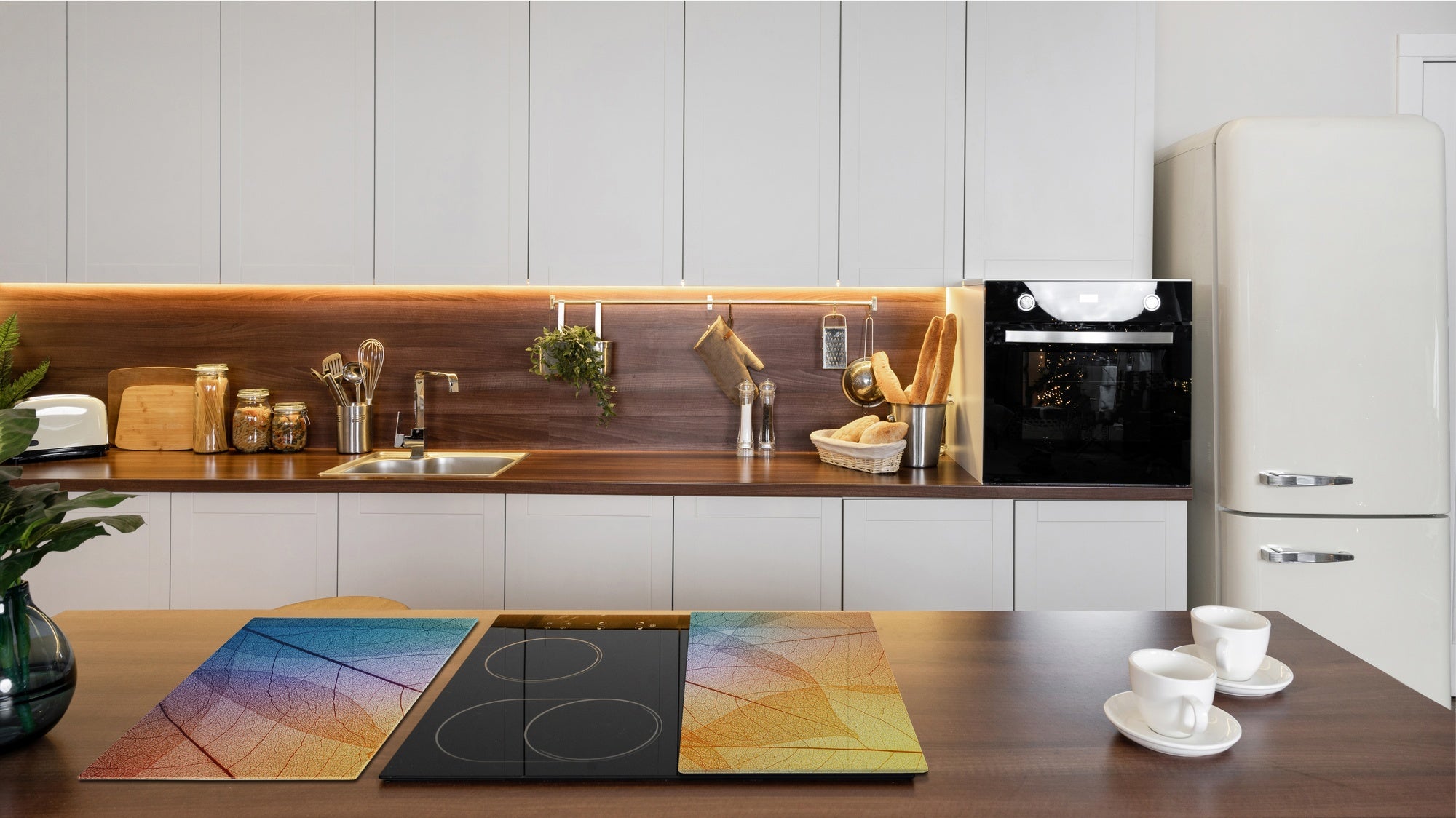 Tempered GLASS Cutting Board – Worktop saver and Pastry Board –- Glass Kitchen Board; MEASURES: SINGLE: 60 x 52 cm (23,62” x 20,47”); DOUBLE: 30 x 52 cm (11,81” x 20,47”); D34 Nature Series: Colourful transparent leaves