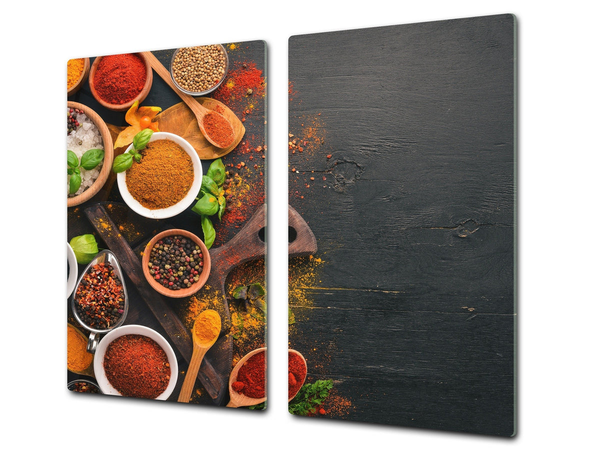 Induction Cooktop Cover –Shatter Resistant Glass Kitchen Board – Hob cover; MEASURES: SINGLE: 60 x 52 cm (23,62” x 20,47”); DOUBLE: 30 x 52 cm (11,81” x 20,47”); D38 Herbs and spices Series : Colourful spices