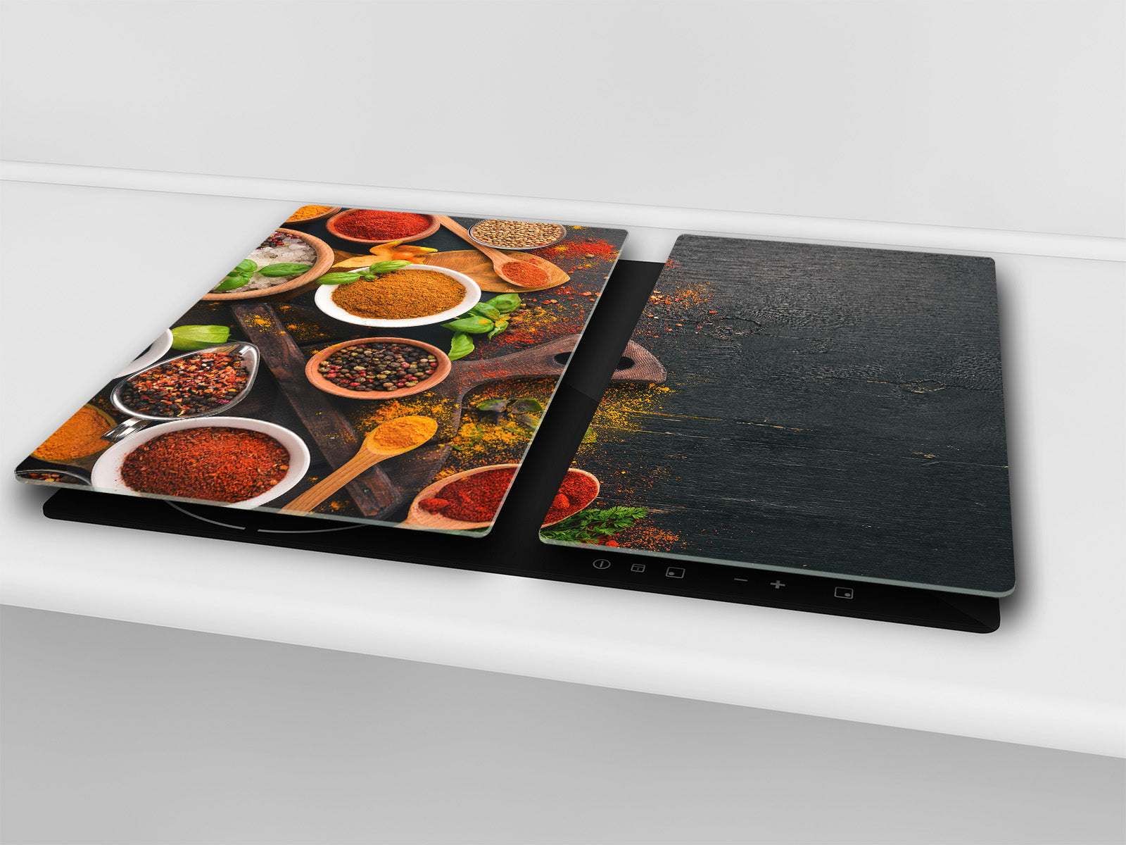 Induction Cooktop Cover –Shatter Resistant Glass Kitchen Board – Hob cover; MEASURES: SINGLE: 60 x 52 cm (23,62” x 20,47”); DOUBLE: 30 x 52 cm (11,81” x 20,47”); D38 Herbs and spices Series : Colourful spices