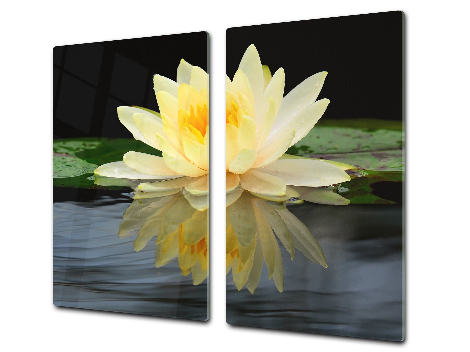 Tempered GLASS Cutting Board – Worktop saver and Pastry Board –- Glass Kitchen Board; MEASURES: SINGLE: 60 x 52 cm (23,62” x 20,47”); DOUBLE: 30 x 52 cm (11,81” x 20,47”); D34 Nature Series: Beautiful water lilly flower 2