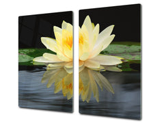 Tempered GLASS Cutting Board – Worktop saver and Pastry Board –- Glass Kitchen Board; MEASURES: SINGLE: 60 x 52 cm (23,62” x 20,47”); DOUBLE: 30 x 52 cm (11,81” x 20,47”); D34 Nature Series: Beautiful water lilly flower 2