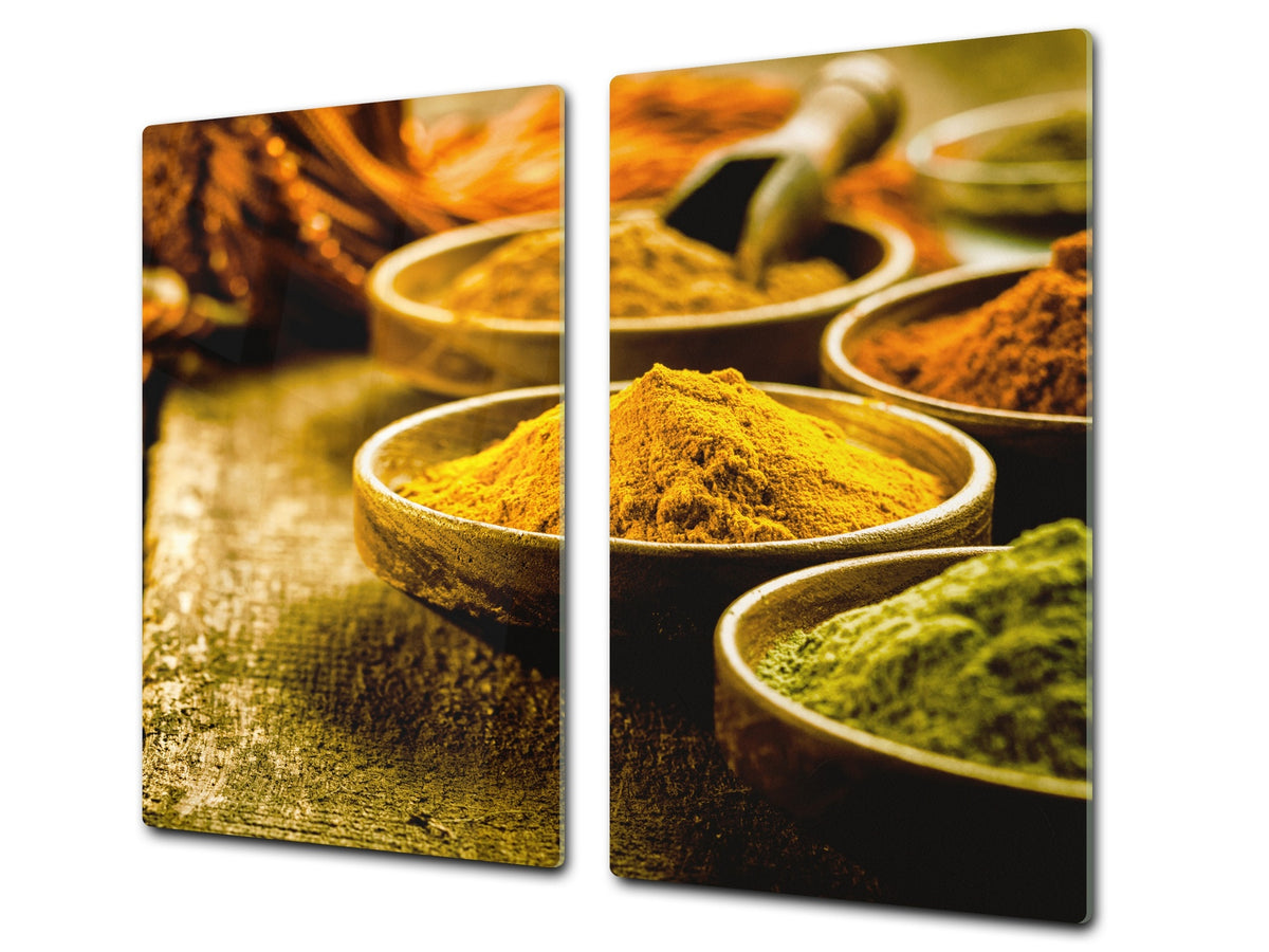 Induction Cooktop Cover –Shatter Resistant Glass Kitchen Board – Hob cover; MEASURES: SINGLE: 60 x 52 cm (23,62” x 20,47”); DOUBLE: 30 x 52 cm (11,81” x 20,47”); D38 Herbs and spices Series : Curry powder