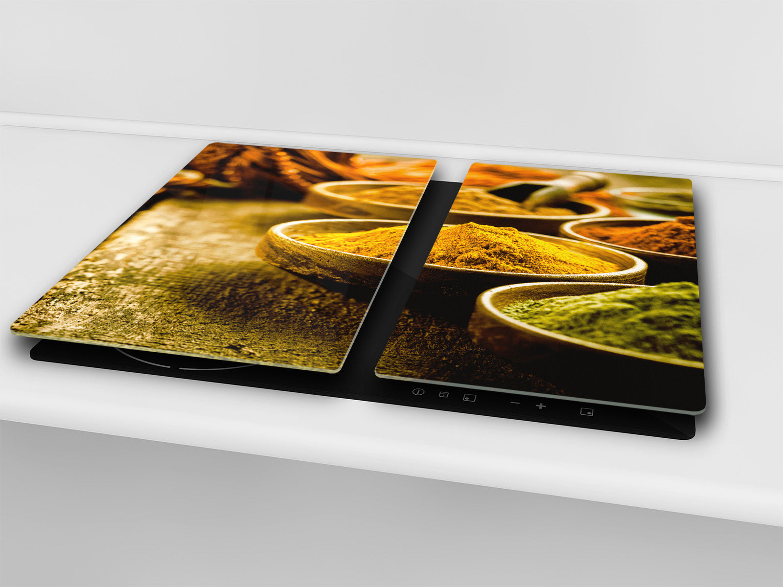 Induction Cooktop Cover –Shatter Resistant Glass Kitchen Board – Hob cover; MEASURES: SINGLE: 60 x 52 cm (23,62” x 20,47”); DOUBLE: 30 x 52 cm (11,81” x 20,47”); D38 Herbs and spices Series : Curry powder
