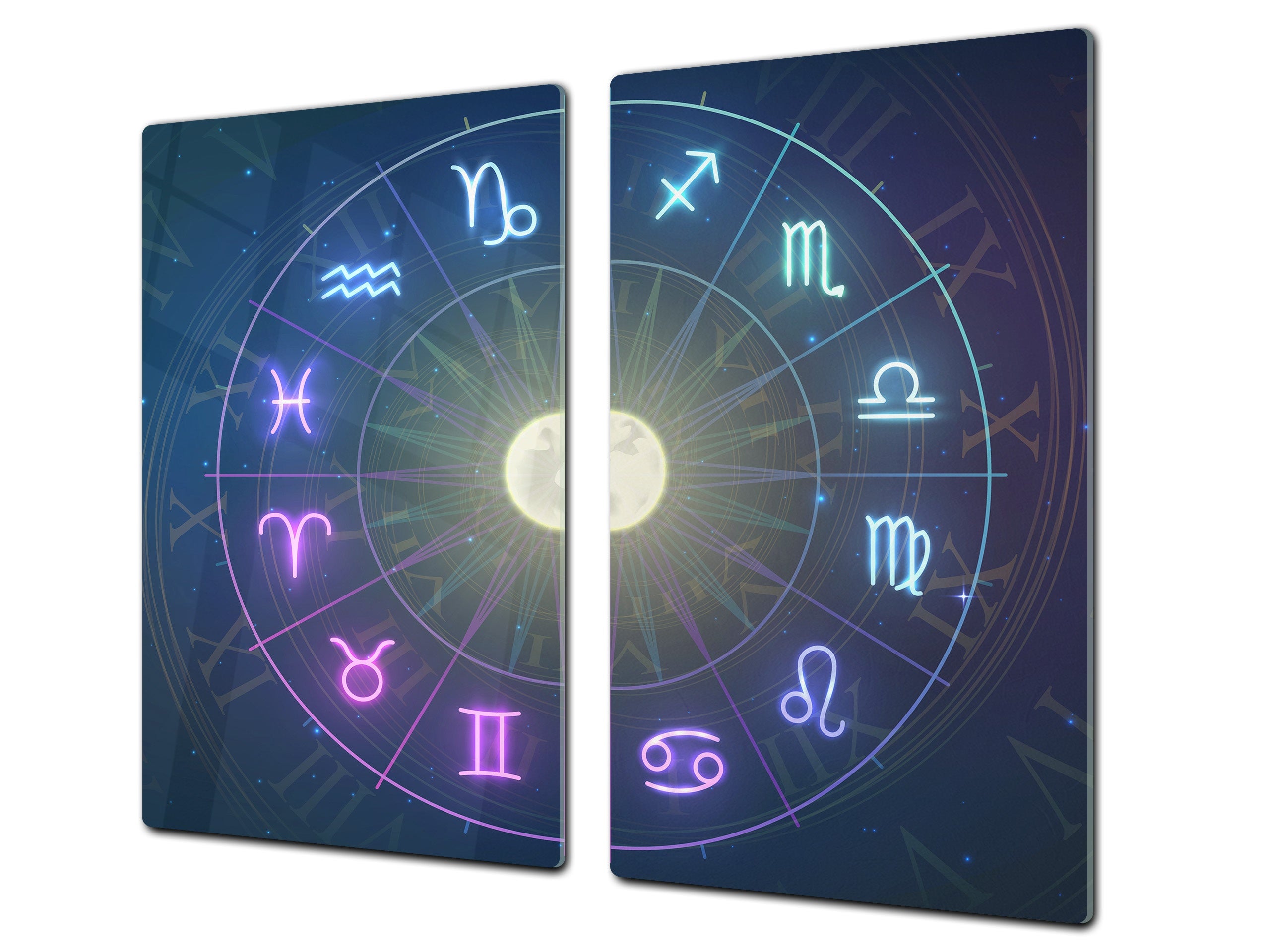 Chopping Board - Induction Cooktop Cover - Glass Cutting Board – Impact & Shatter Resistant – MEASURES: SINGLE: 60 x 52 cm; DOUBLE: 2 x 30 x 52 cm; D42 Modern Art Series : Circle of Zodiac
