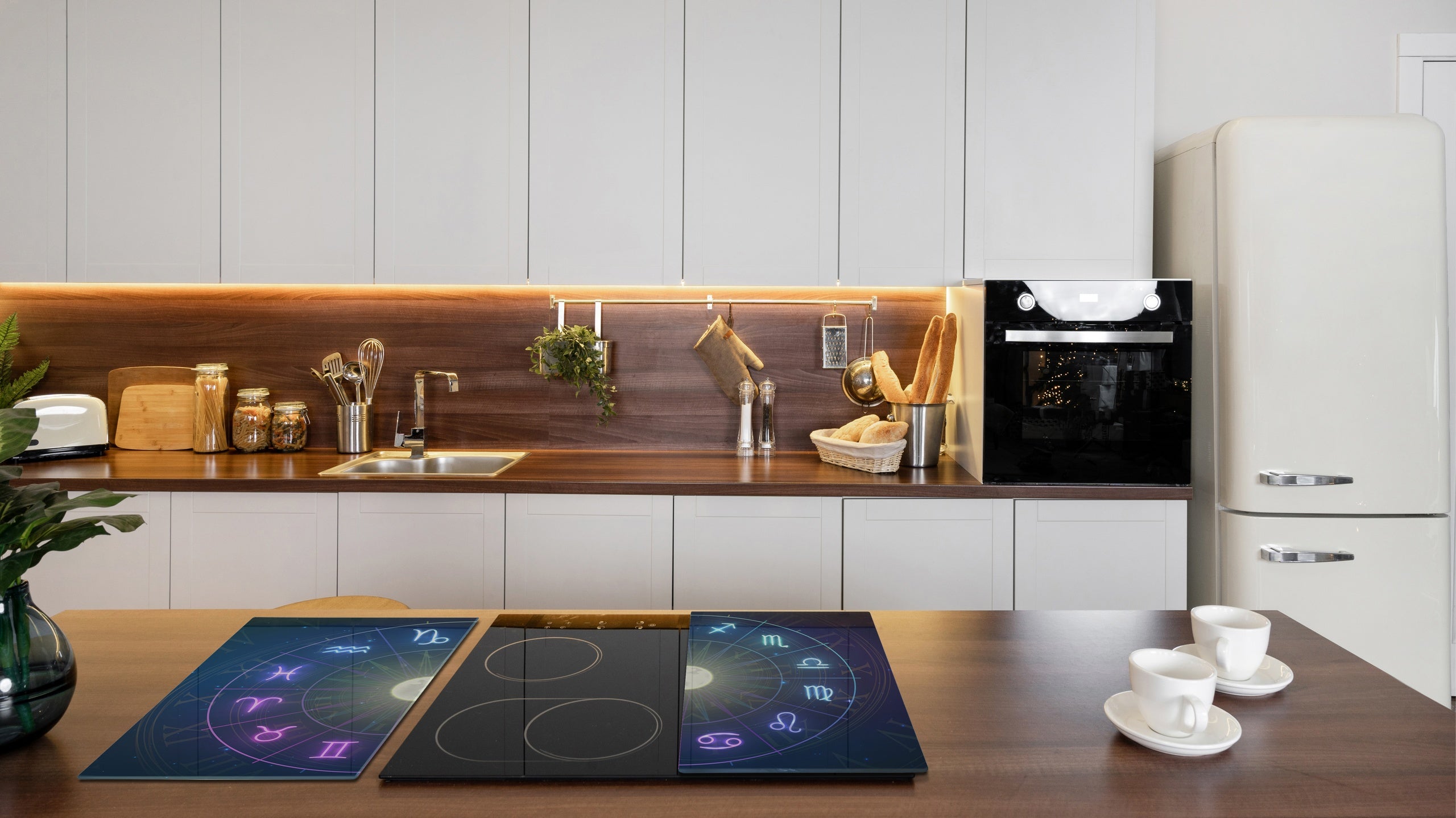 Chopping Board - Induction Cooktop Cover - Glass Cutting Board – Impact & Shatter Resistant – MEASURES: SINGLE: 60 x 52 cm; DOUBLE: 2 x 30 x 52 cm; D42 Modern Art Series : Circle of Zodiac