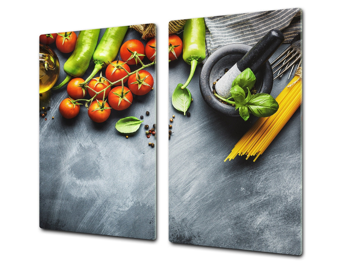 Induction Cooktop Cover –Shatter Resistant Glass Kitchen Board – Hob cover; MEASURES: SINGLE: 60 x 52 cm (23,62” x 20,47”); DOUBLE: 30 x 52 cm (11,81” x 20,47”); D38 Herbs and spices Series : Italia cuisine