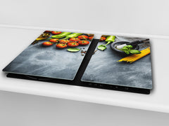 Induction Cooktop Cover –Shatter Resistant Glass Kitchen Board – Hob cover; MEASURES: SINGLE: 60 x 52 cm (23,62” x 20,47”); DOUBLE: 30 x 52 cm (11,81” x 20,47”); D38 Herbs and spices Series : Italia cuisine