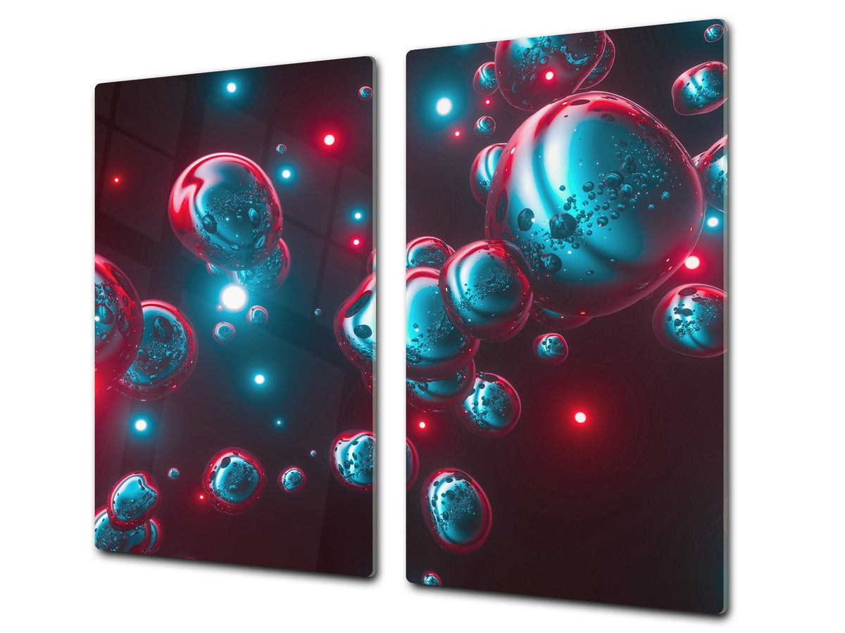 TEMPERED GLASS CHOPPING BOARD – Glass Cutting Board and Worktop Saver; MEASURES: SINGLE: 60 x 52 cm (23,62” x 20,47”); DOUBLE: 30 x 52 cm (11,81” x 20,47”); D36 Textures Series : Holographic bubbles 1