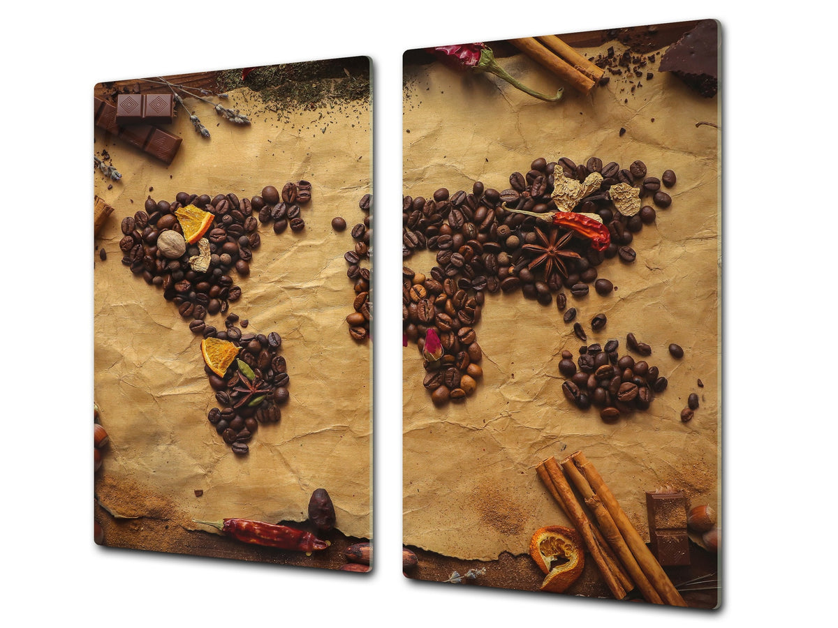 Induction Cooktop Cover –Shatter Resistant Glass Kitchen Board – Hob cover; MEASURES: SINGLE: 60 x 52 cm (23,62” x 20,47”); DOUBLE: 30 x 52 cm (11,81” x 20,47”); D38 Herbs and spices Series : Coffee world map