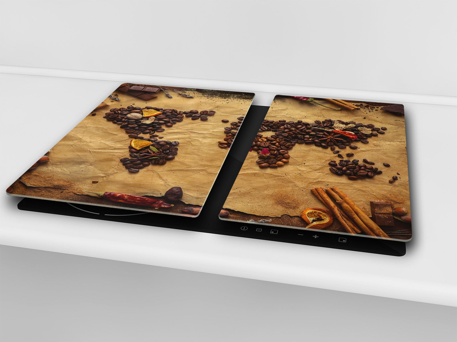Induction Cooktop Cover –Shatter Resistant Glass Kitchen Board – Hob cover; MEASURES: SINGLE: 60 x 52 cm (23,62” x 20,47”); DOUBLE: 30 x 52 cm (11,81” x 20,47”); D38 Herbs and spices Series : Coffee world map