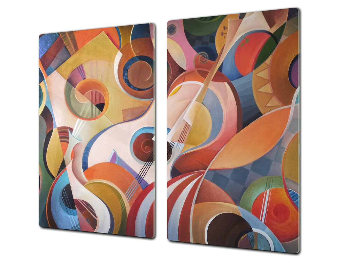 Premium Tempered Glass Cutting Board and Worktop Saver – Glass Pastry Board and Cooktop Cover – MEASURES: SINGLE: 60 x 52 cm; DOUBLE: 2 x 30 x 52 cm; D40 Colorful Illustrations Series : Abstract Instruments
