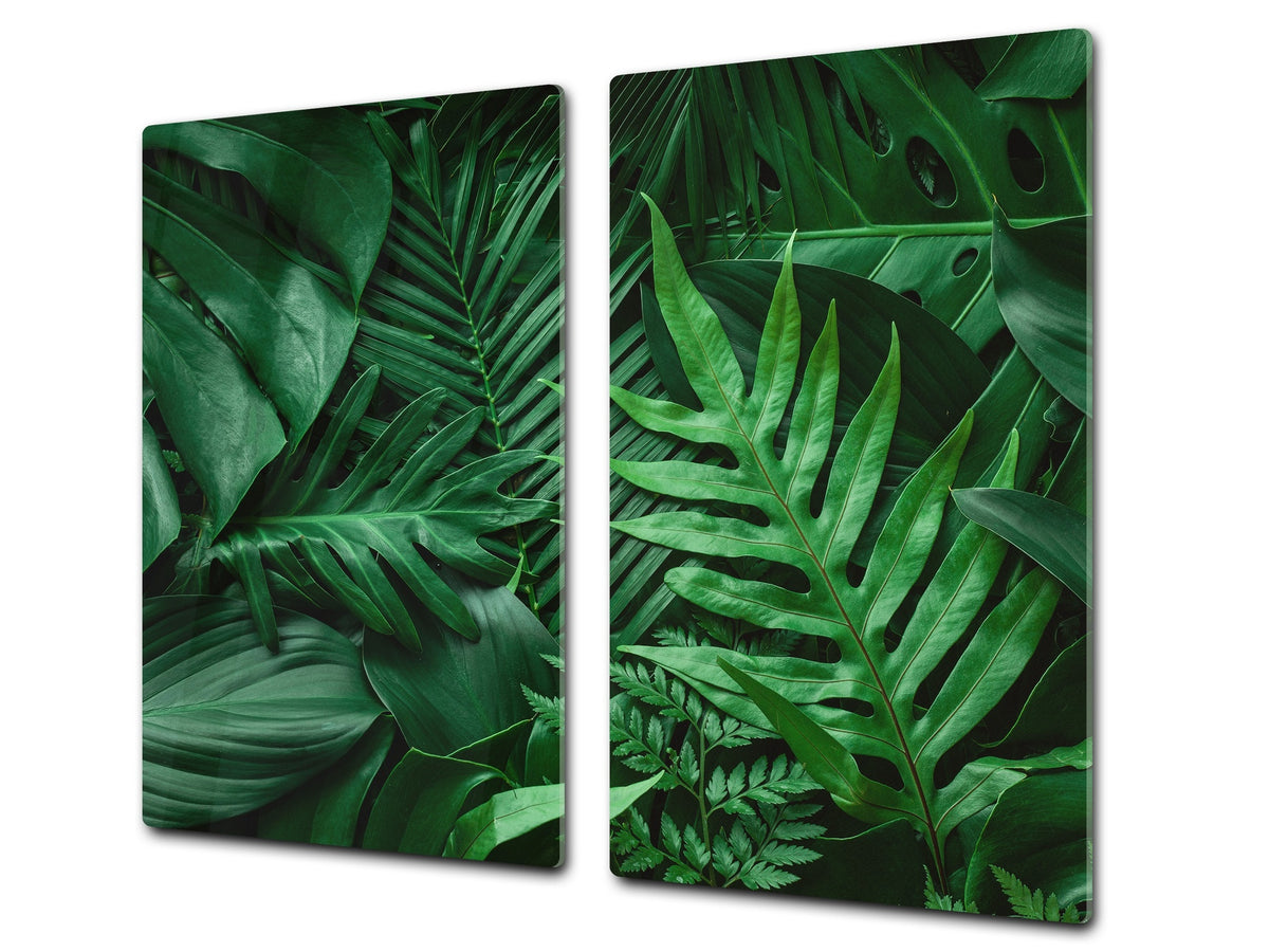 Tempered GLASS Cutting Board – Worktop saver and Pastry Board –- Glass Kitchen Board; MEASURES: SINGLE: 60 x 52 cm (23,62” x 20,47”); DOUBLE: 30 x 52 cm (11,81” x 20,47”); D34 Nature Series: Dark tropical nature