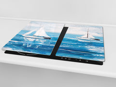 Tempered Glass Multi-Function Board: Cooktop Cover, Pastry and Hot Pot Stand and Worktop Saver – MEASURES: SINGLE: 60 x 52 cm; DOUBLE: 2 x 30 x 52 cm; D43 Abstract Concepts Series 2 : Sailing Boats