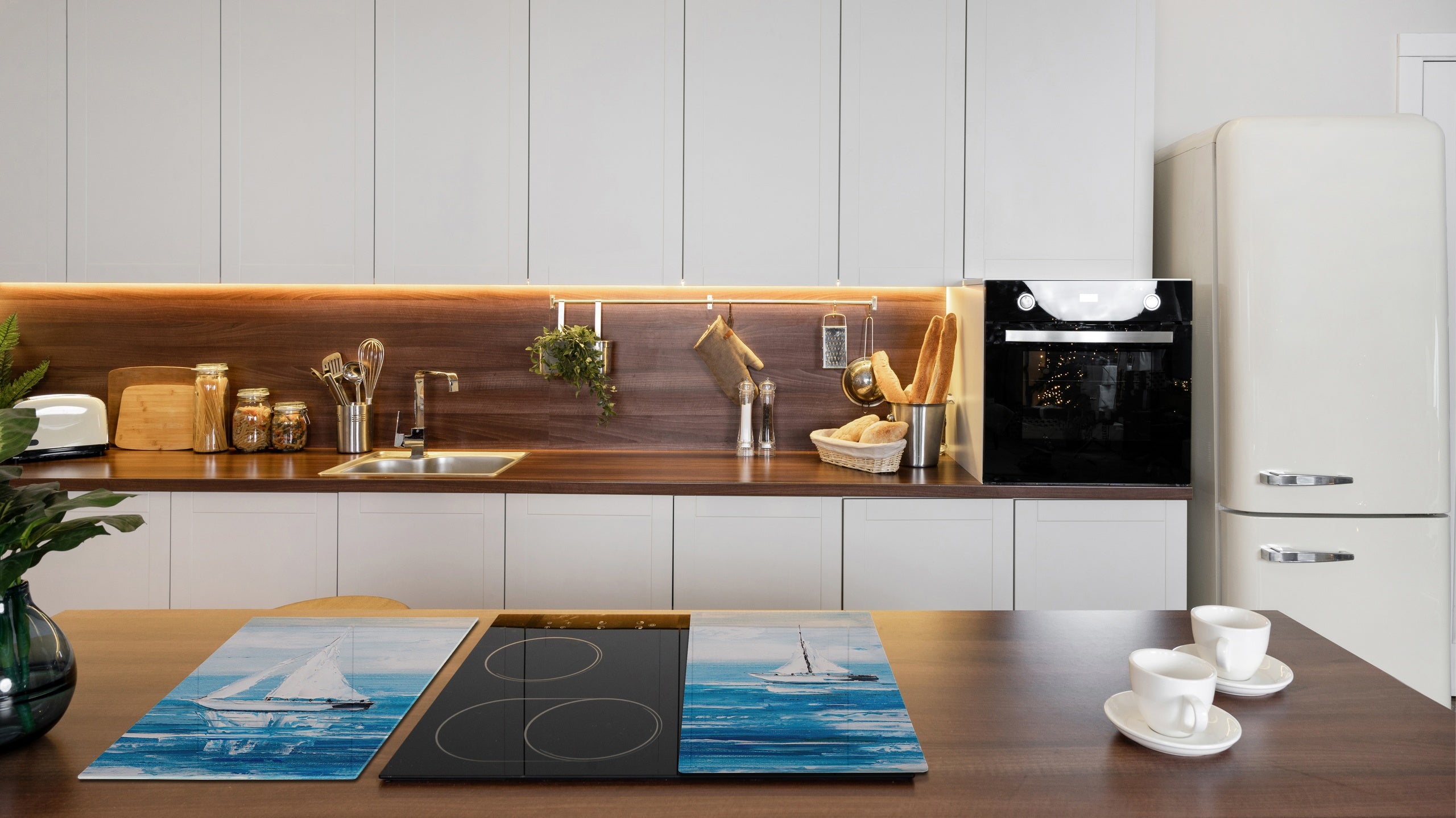 Tempered Glass Multi-Function Board: Cooktop Cover, Pastry and Hot Pot Stand and Worktop Saver – MEASURES: SINGLE: 60 x 52 cm; DOUBLE: 2 x 30 x 52 cm; D43 Abstract Concepts Series 2 : Sailing Boats