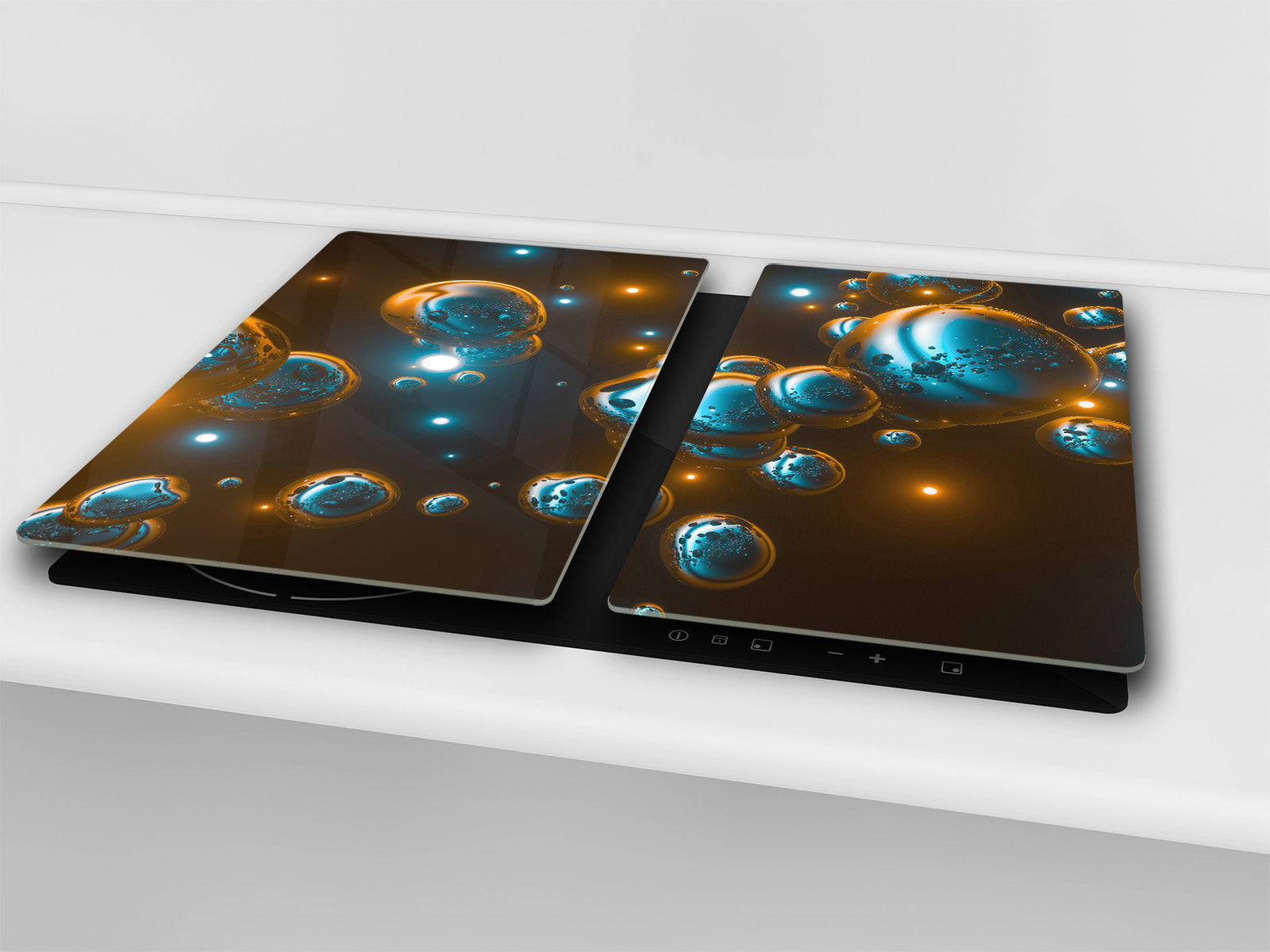 TEMPERED GLASS CHOPPING BOARD – Glass Cutting Board and Worktop Saver; MEASURES: SINGLE: 60 x 52 cm (23,62” x 20,47”); DOUBLE: 30 x 52 cm (11,81” x 20,47”); D36 Textures Series : Holographic bubbles 2