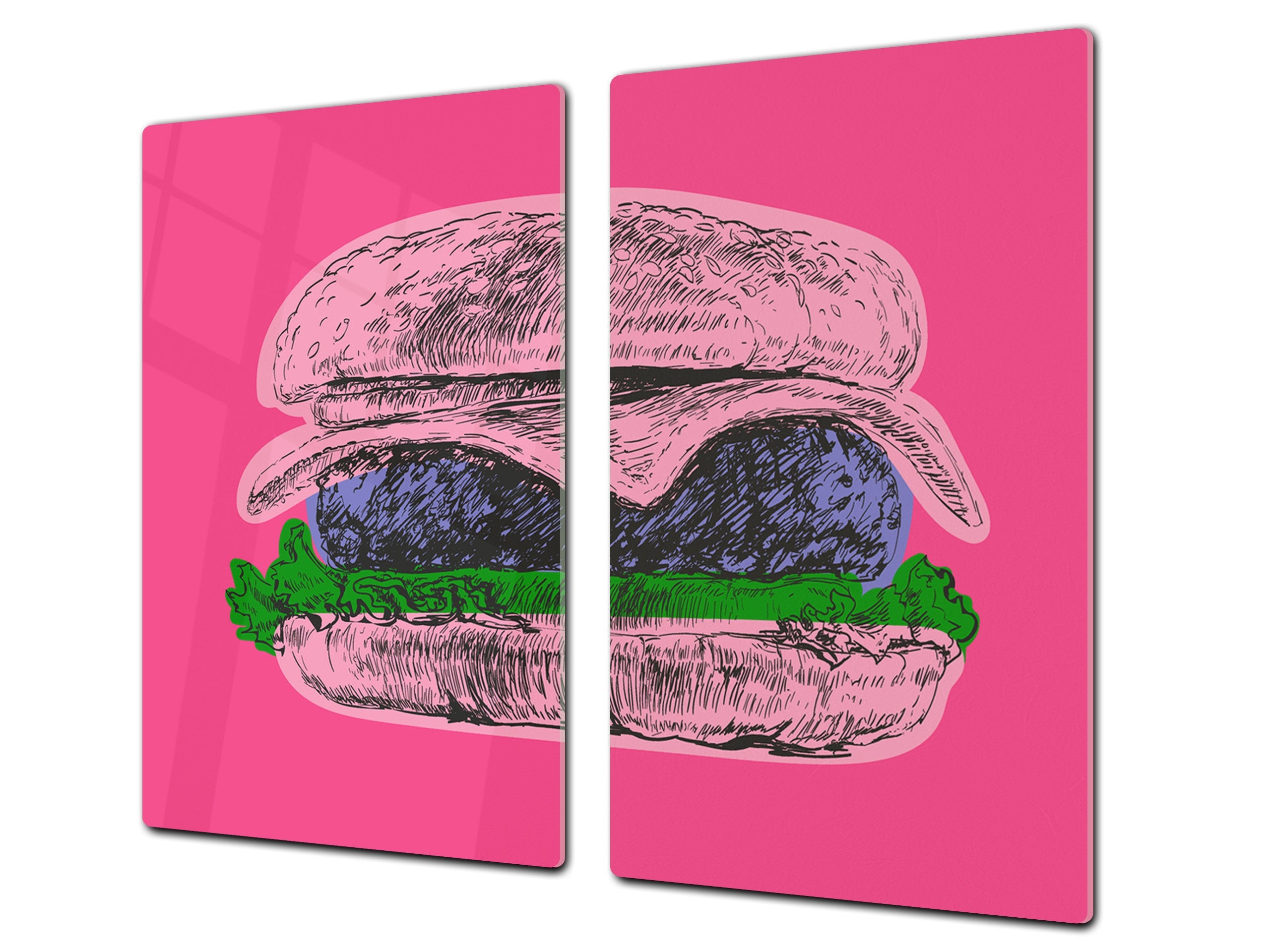 KITCHEN BOARD & Induction Cooktop Cover – Glass Pastry Board - Tempered Glass Chopping Board and Serving Tray – DIMENSIONS: SINGLE: 23,62” x 20,47”; DOUBLE: 11,81” x 20,47” – D44 Pop Art Series :Pop Art Burger 1