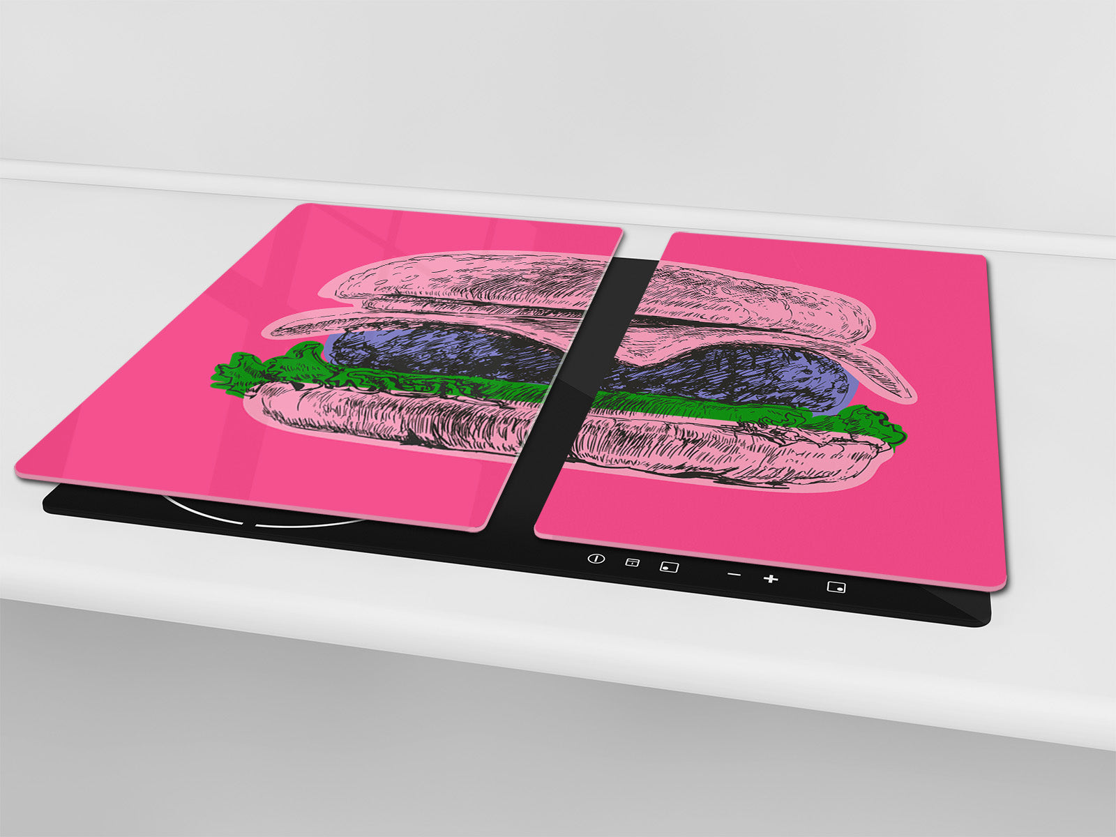 KITCHEN BOARD & Induction Cooktop Cover – Glass Pastry Board - Tempered Glass Chopping Board and Serving Tray – DIMENSIONS: SINGLE: 23,62” x 20,47”; DOUBLE: 11,81” x 20,47” – D44 Pop Art Series :Pop Art Burger 1
