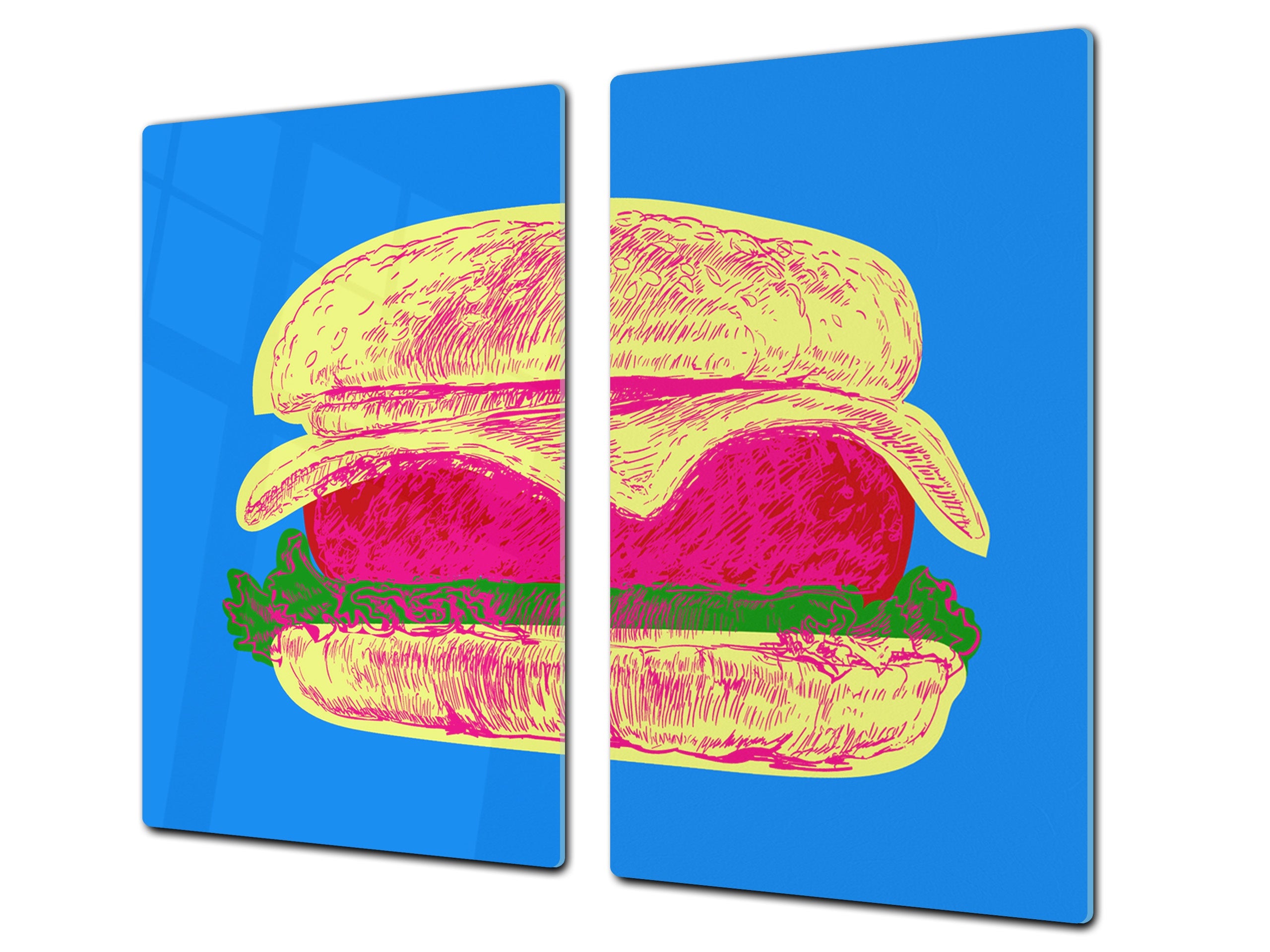 KITCHEN BOARD & Induction Cooktop Cover – Glass Pastry Board - Tempered Glass Chopping Board and Serving Tray – DIMENSIONS: SINGLE: 23,62” x 20,47”; DOUBLE: 11,81” x 20,47” – D44 Pop Art Series : Pop Art Burger 2