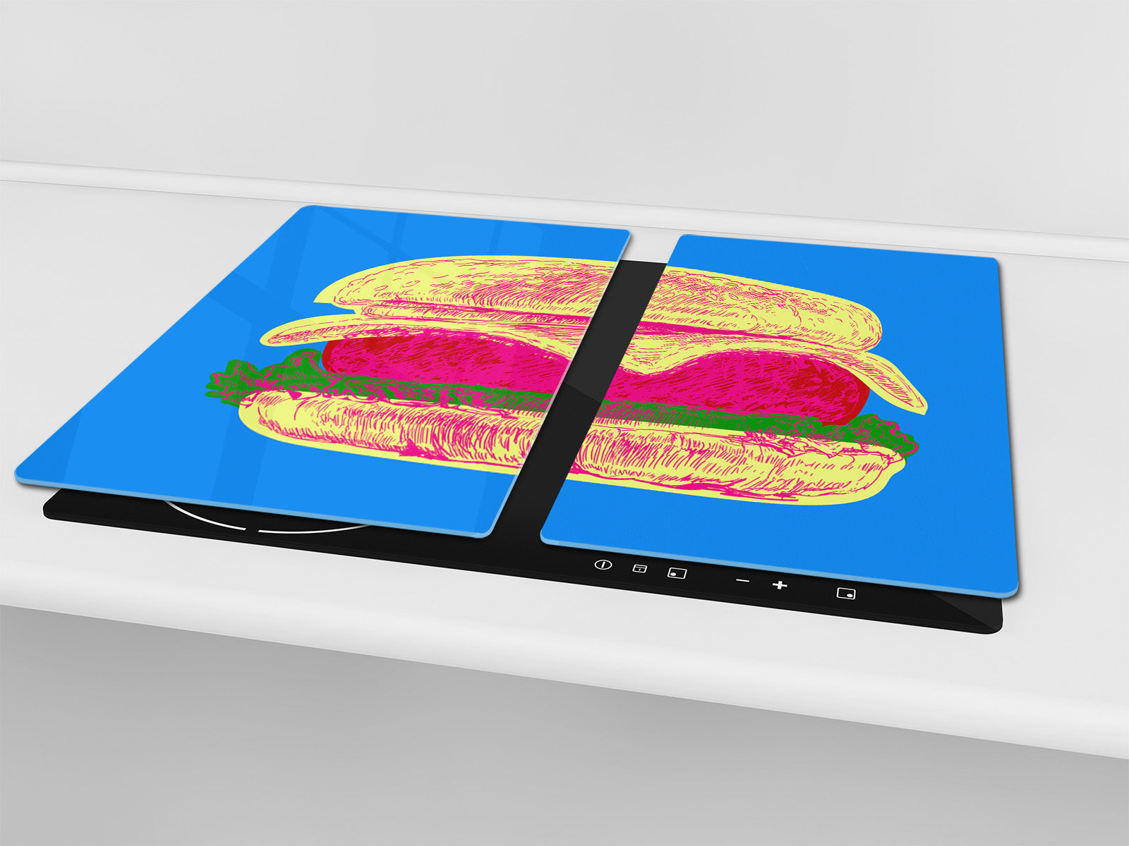 KITCHEN BOARD & Induction Cooktop Cover – Glass Pastry Board - Tempered Glass Chopping Board and Serving Tray – DIMENSIONS: SINGLE: 23,62” x 20,47”; DOUBLE: 11,81” x 20,47” – D44 Pop Art Series : Pop Art Burger 2