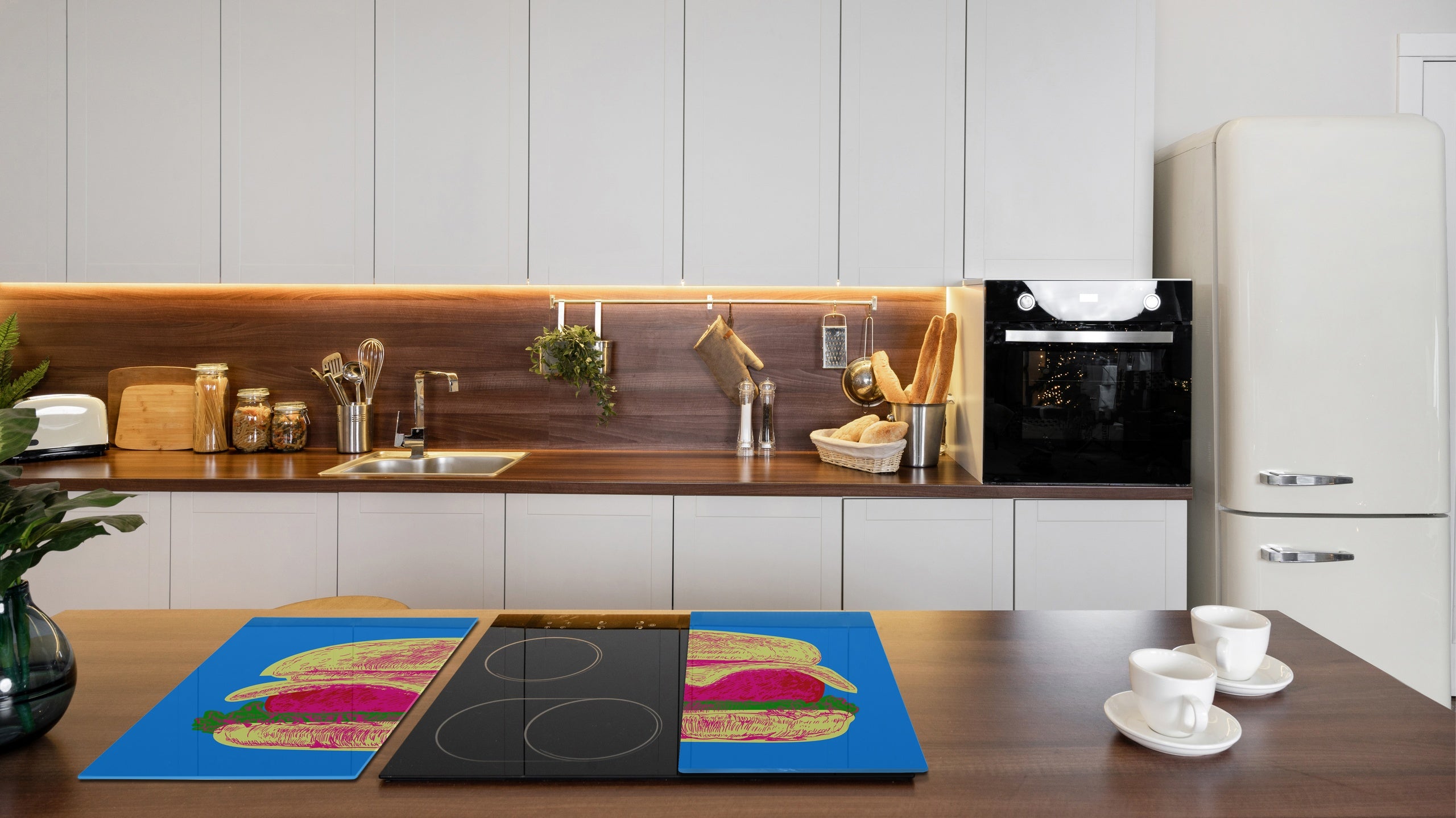 KITCHEN BOARD & Induction Cooktop Cover – Glass Pastry Board - Tempered Glass Chopping Board and Serving Tray – DIMENSIONS: SINGLE: 23,62” x 20,47”; DOUBLE: 11,81” x 20,47” – D44 Pop Art Series : Pop Art Burger 2